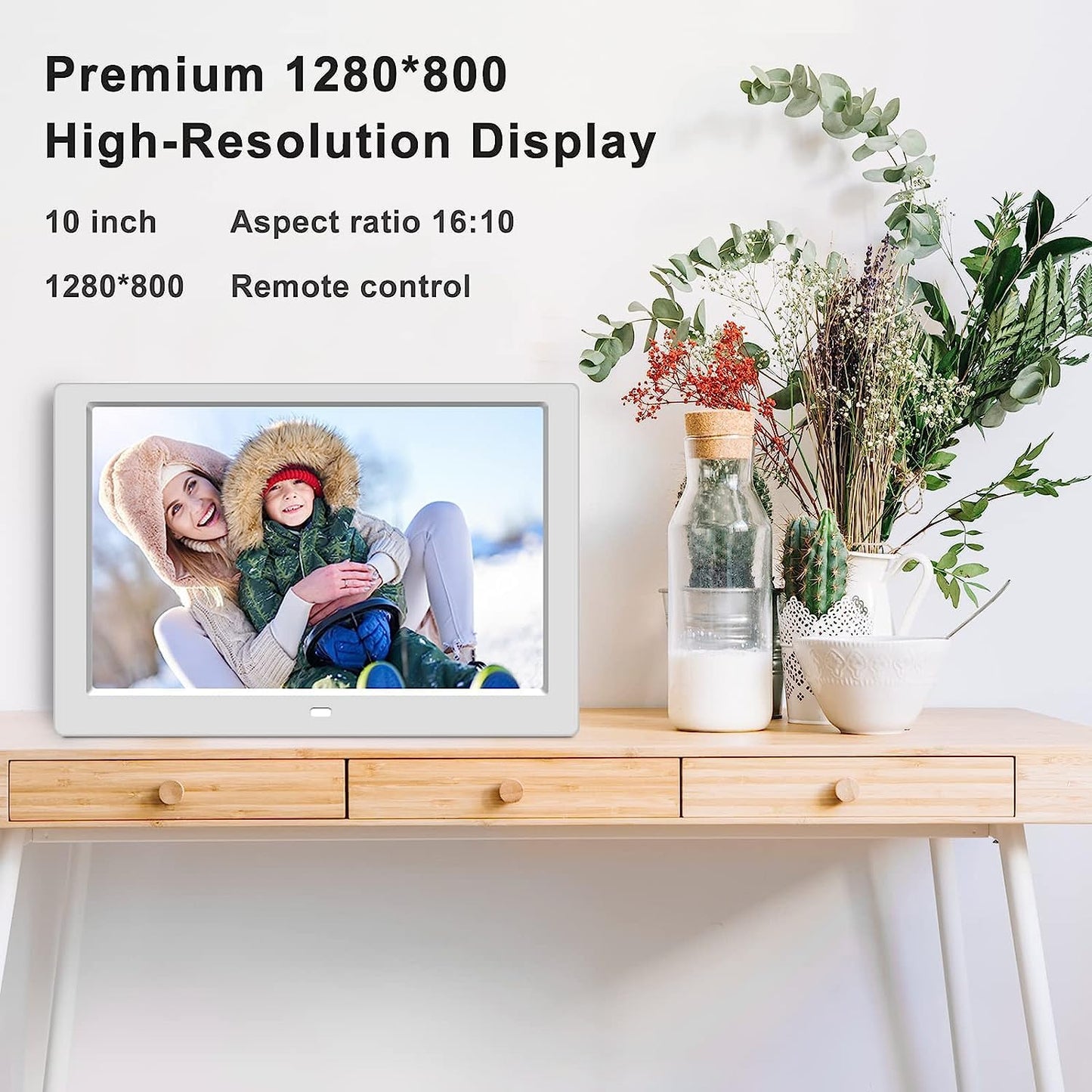 10.1 inch Digital Photo Frame with Remote Control, Electronic Picture Frame Large Display, Share Moments via SD Card and Mini USB, Wall Mountable, 1080P HD Resolution, Built-in Clock & Calendar