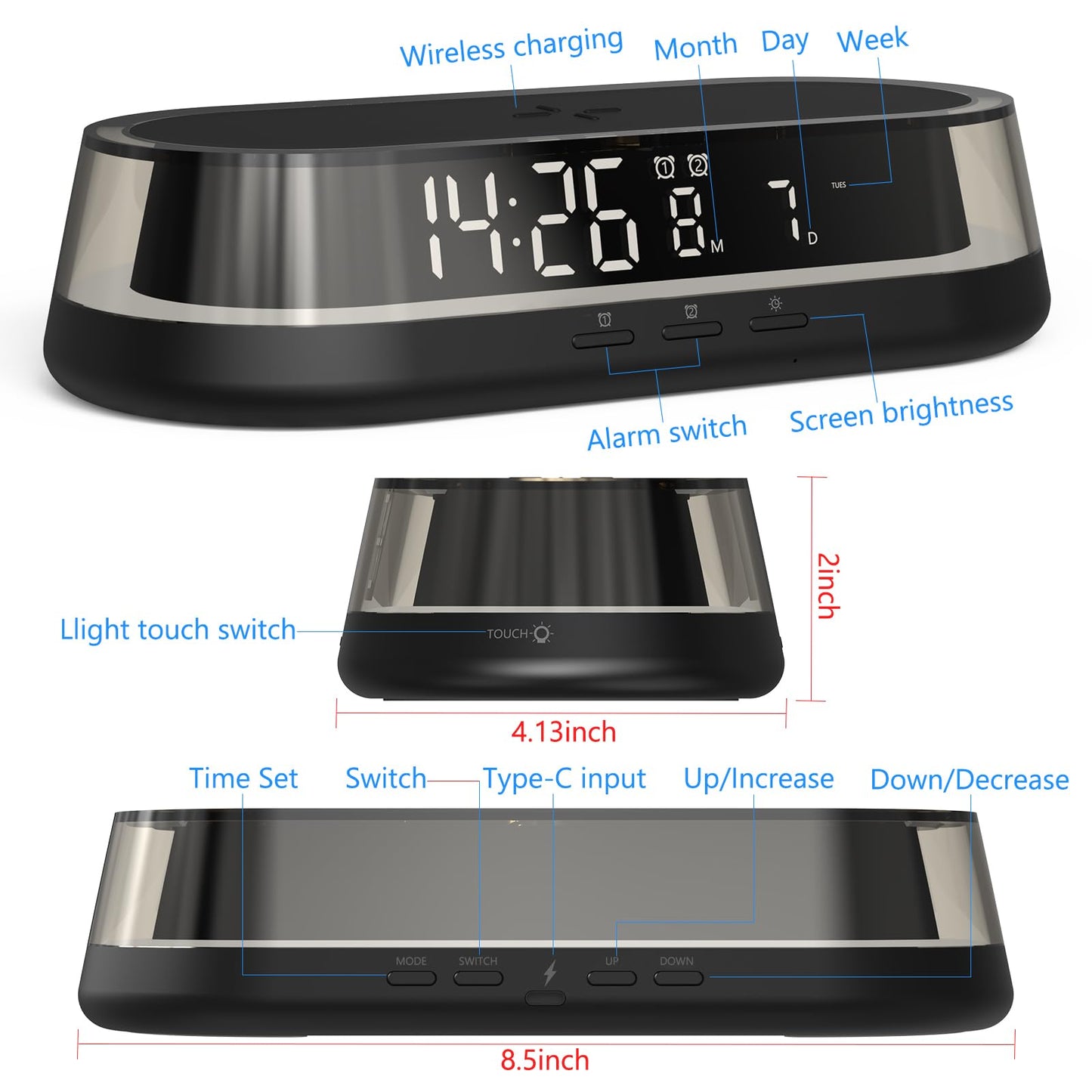 VOILEIPAGI Alarm Clock with Wireless Charging, Alarm Clock for Heavy Sleepers Adults, Smart Clock with Night Light,Snooze, Date, Bedside Digital Dual Alarm Clock, Alarm Clocks for Bedrooms Black