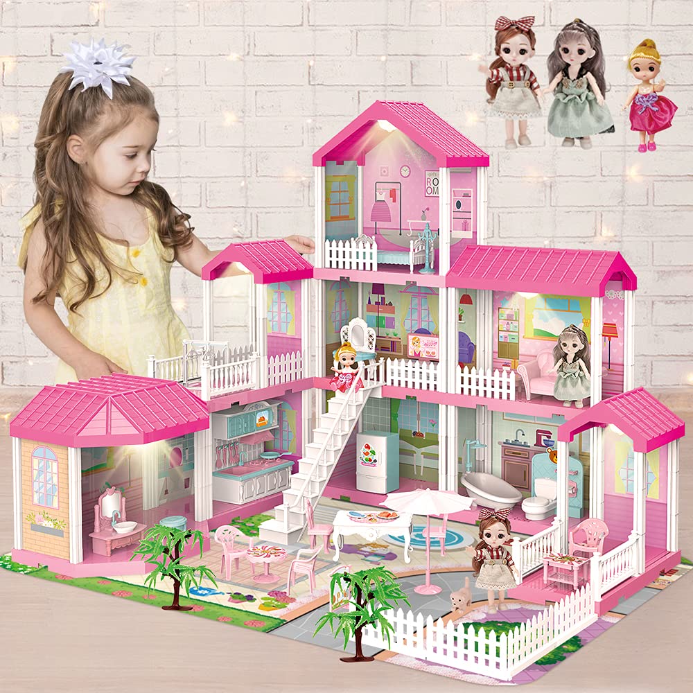 Dollhouse Building Toy Set with 5 Lights,3 Dolls& 2 Pets Princess Doll House and Furniture,Accessories,Stairway,Best STEM Pretend Play Toys for Girls Toddlers 27.7" Tall (9 Rooms)