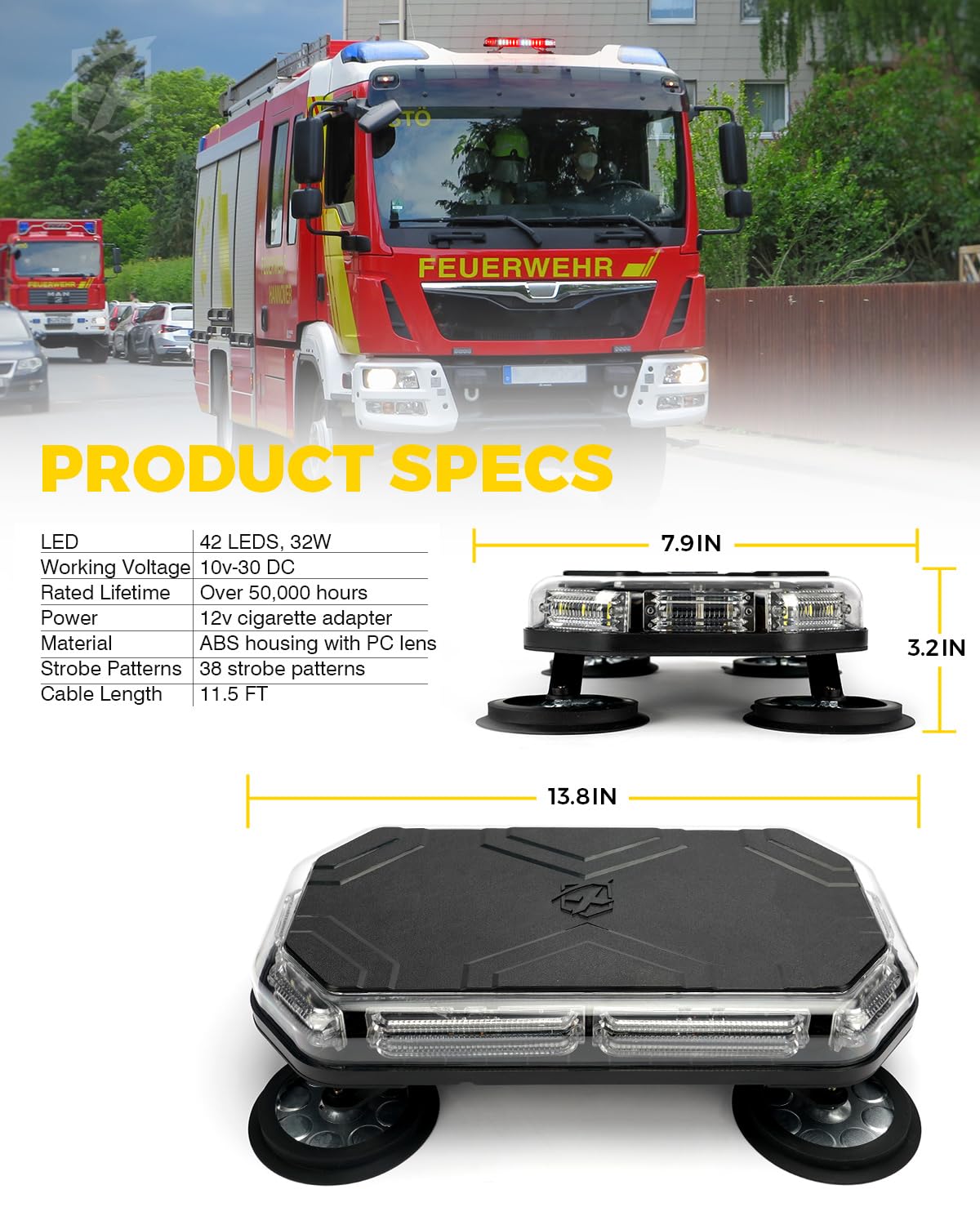 Xprite 42 LED Roof Top Strobe Light, High Visibility Emergency Hazard Warning Flashing Light Bar w/Control Panel for Firefighter POV Ambulance Vehicle Trucks - White Red