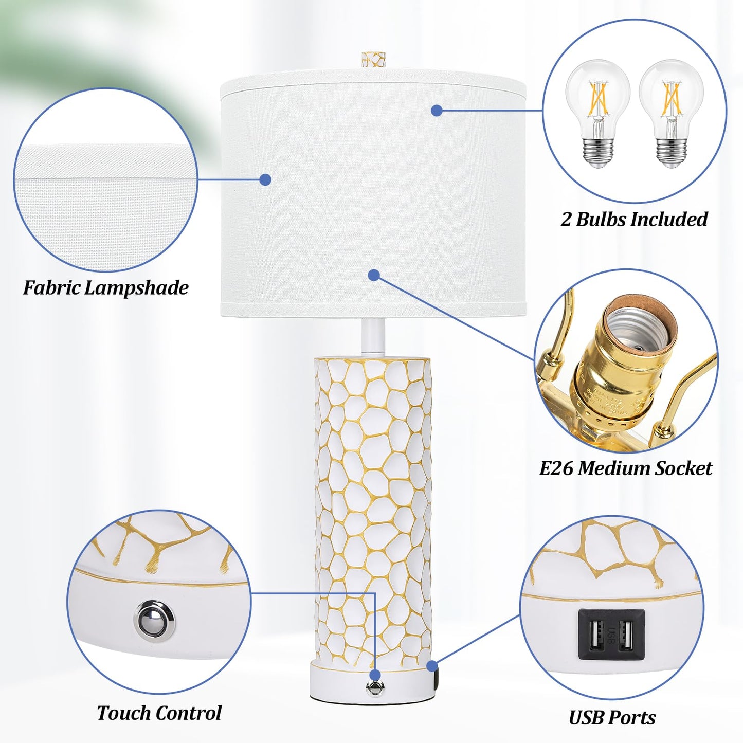 Brightever Table Lamp for Living Room - Touch Lamps Set of 2 with Dual USB Charging Ports, 3-Way Dimmable Farmhouse Lamps for Nightstands, Rustic Bedside Lamp for End Tables, 2 A19 LED Bulbs Included