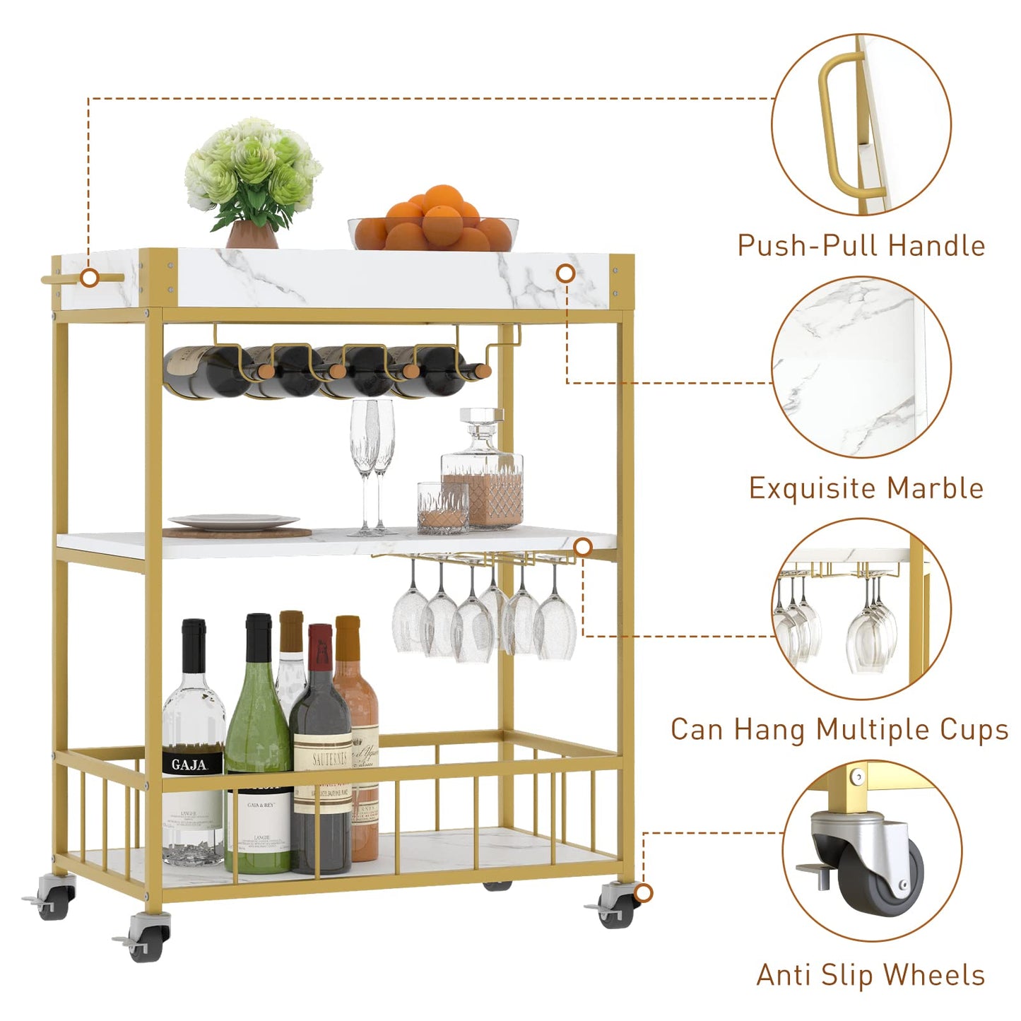 aboxoo Bar Cart White Marble 3 Tiers Removable Storage Tray with Wine Rack & Wine Glasses Holder,Rolling Beverage Mobile Bar Serving Cart with Handle Wood and Gold Steels Home Kitchen Shelf for Party