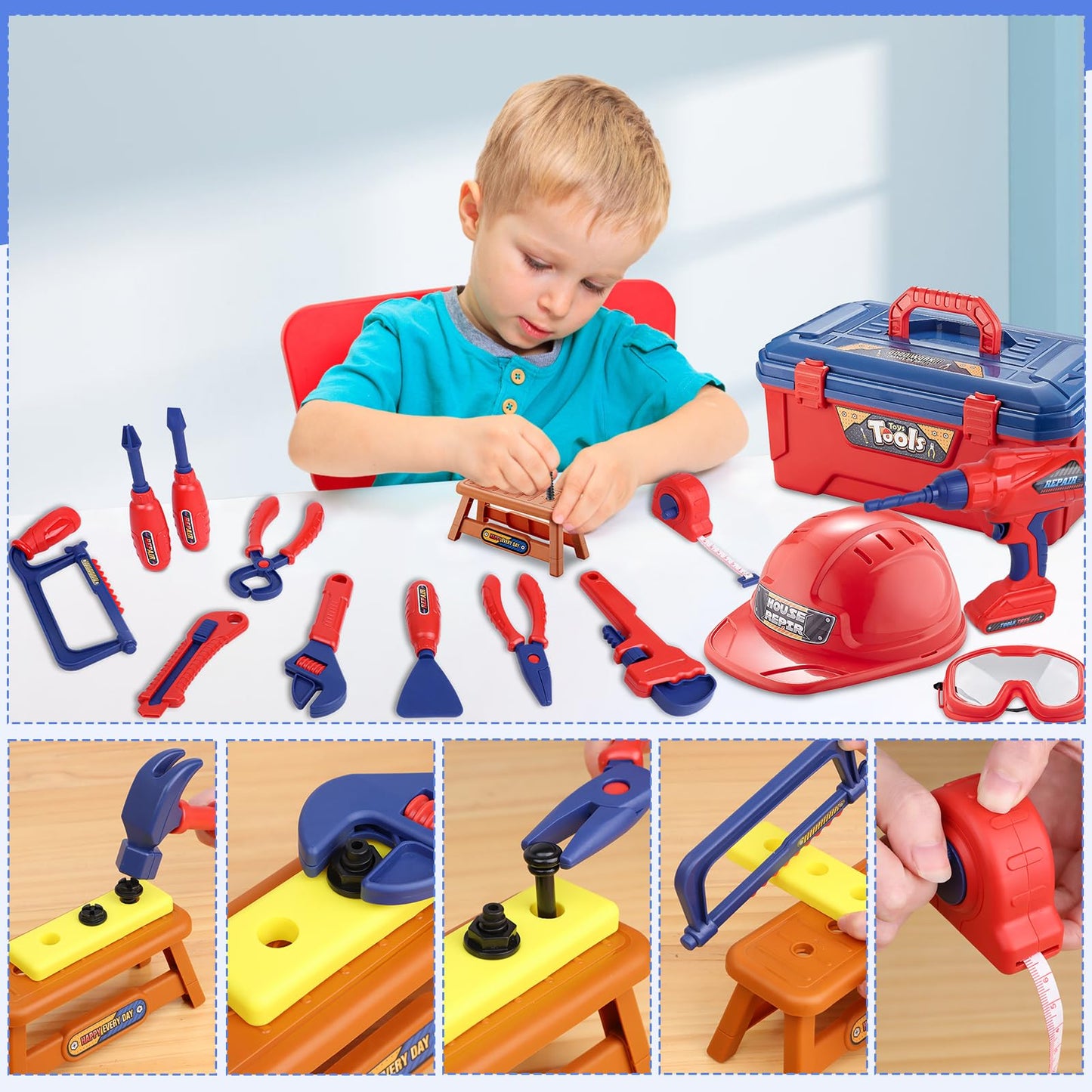 Magic4U Kids Tool Set, 49PCS Toddler Tool Set with Electronic Toy Drill,Tape Measure 12 Tool Equipements,Pretend Play Construction Coustume with Safety Vest Hat,Toy Tool Box for Kids Boy Girl Age 3-8