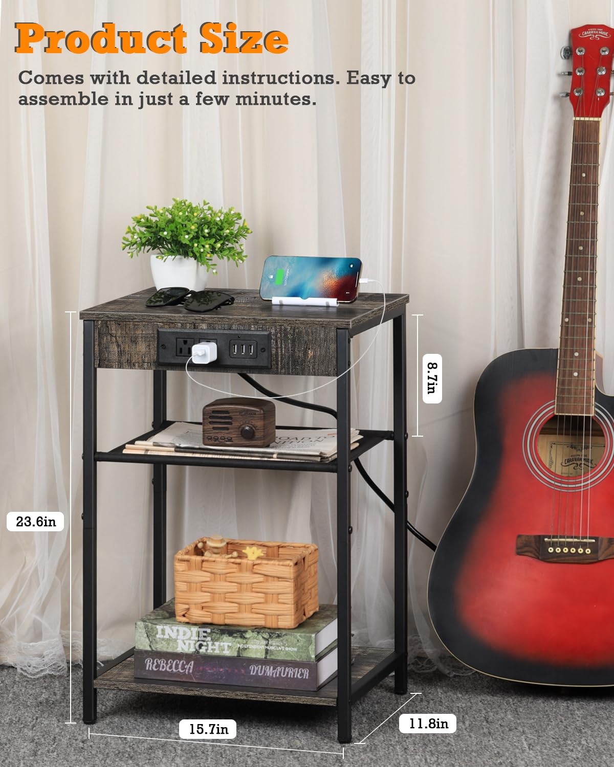 MOOACE End Tables Set of 2 with Charging Station and USB Ports, Bedside Storage Organizer, Nightstand, Small Cabinet, Closet for Bedroom, Living Room, Office and College Dorms, Gray