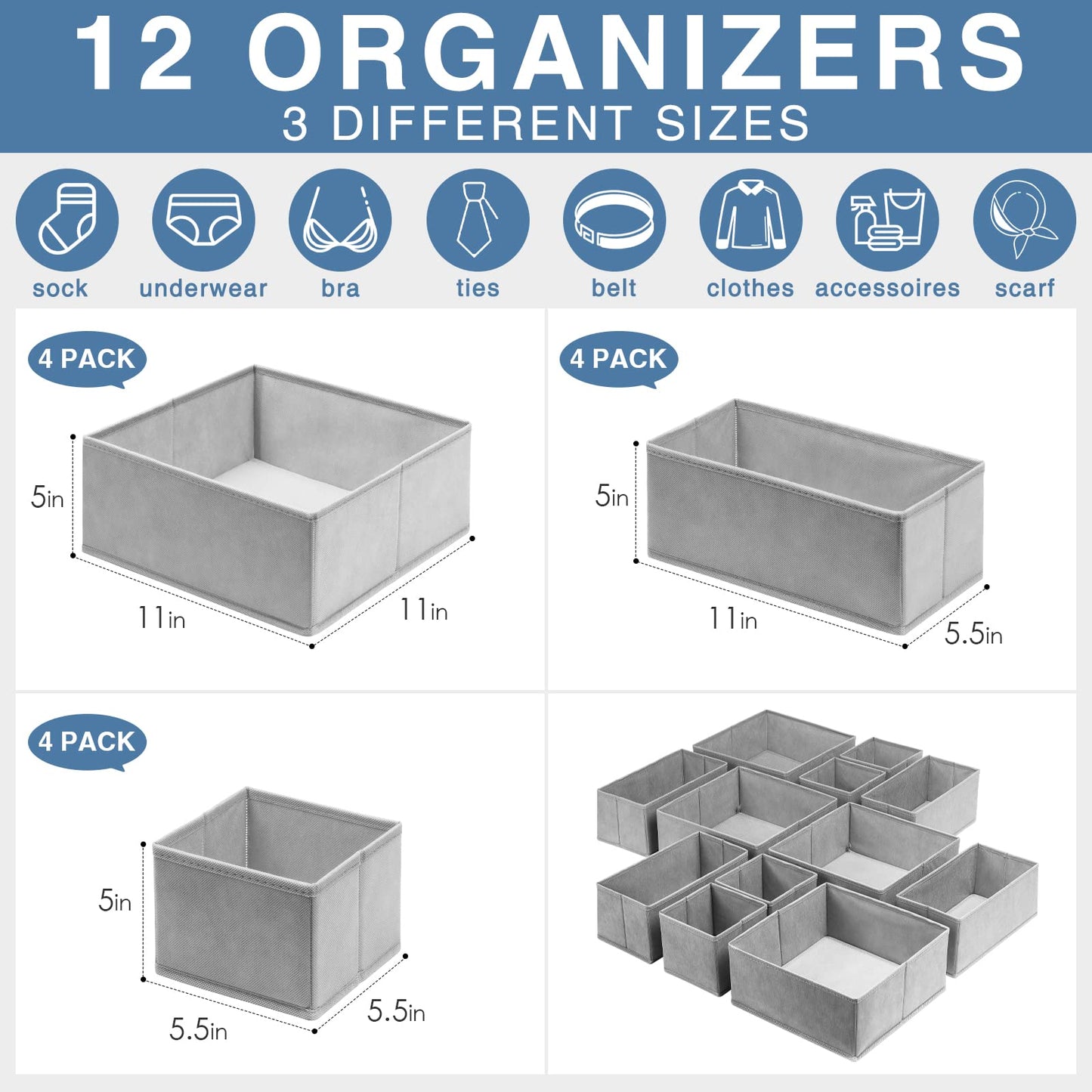 12 Pack Foldable Drawer Organizer Bins