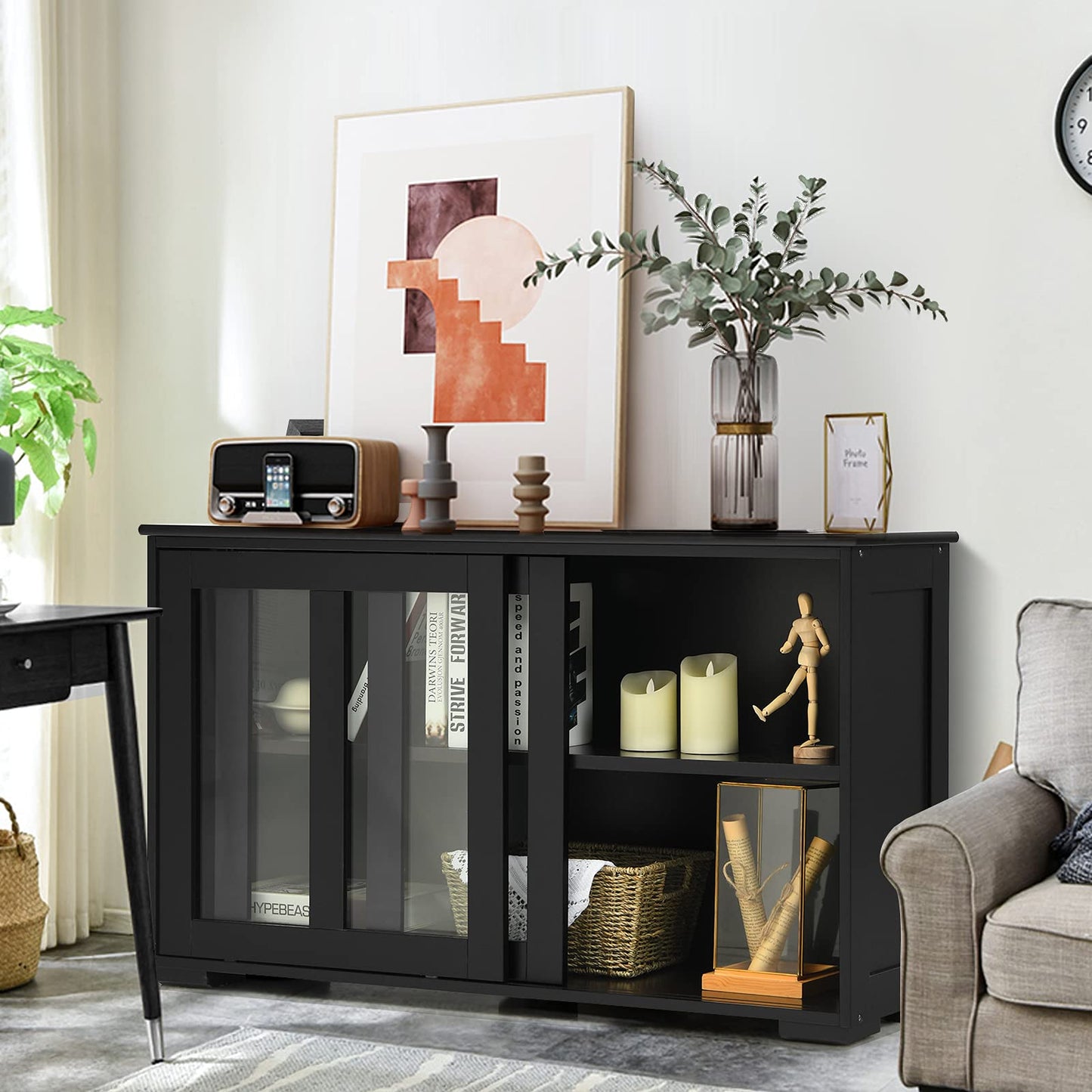 Byroce Sideboard Buffet Cabinet, Stackable Storage Coffee Bar Cabinet with Adjustable Shelf & Glass Sliding Doors, Wood Cupboard Credenza Console Table for Kitchen Dining Living Room (1, Black)
