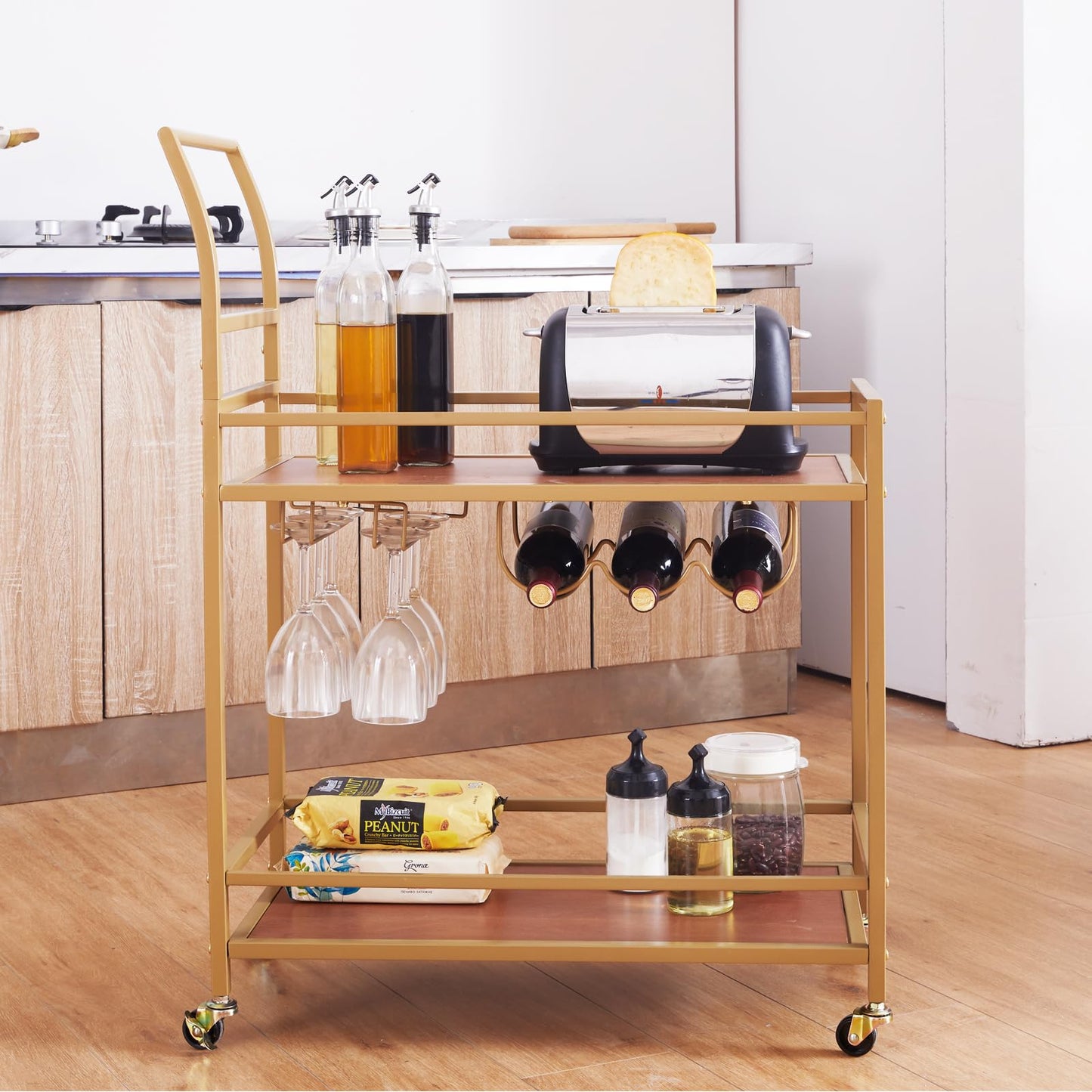 JBBCN Gold Bar Cart with Wheels, Home Bar Serving Cart with 2-Tier Wooden Shelves, Wine Racks, Glass Holders for Kitchen, Dining Room, and Party, Rolling Beverage Car