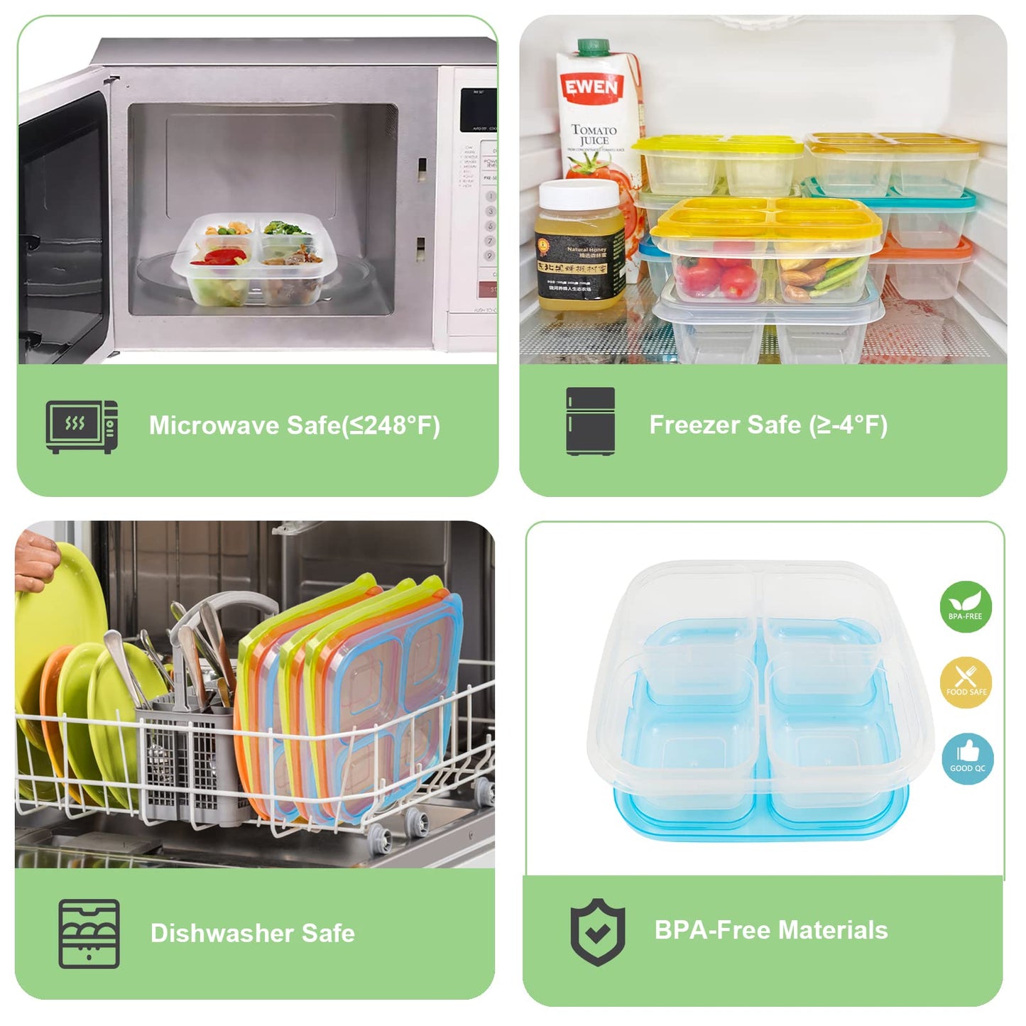 6 Pack 4-Compartment Food Storage Containers
