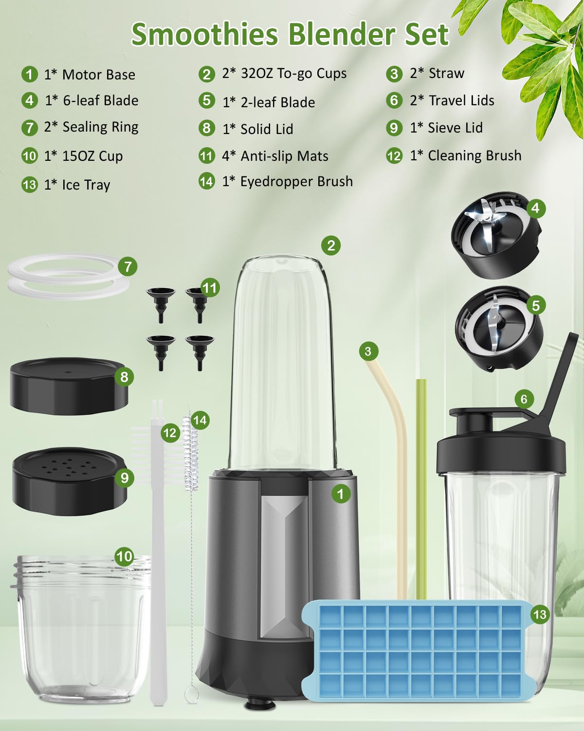 Compact 1300W Smoothie Blender with To-Go Cups