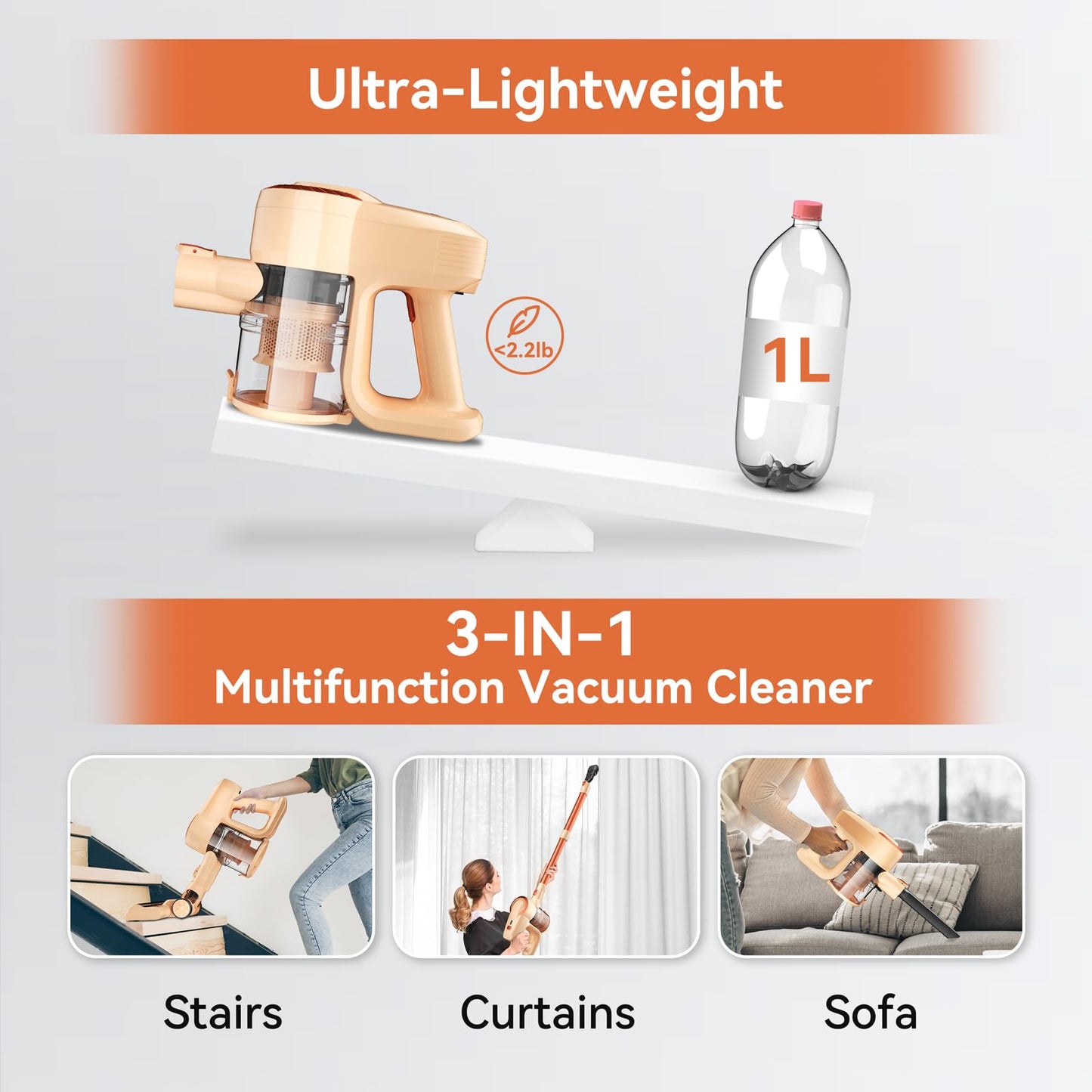 DEVOAC Cordless Vacuum Cleaner, Ultra-Lightweight Stick Vacuum, 2200mAh Battery Up to 40mins Runtime, 6 in 1 Powerful Handheld Vacuum for Home Hard Floor Carpet Pet Hair (Sunset)