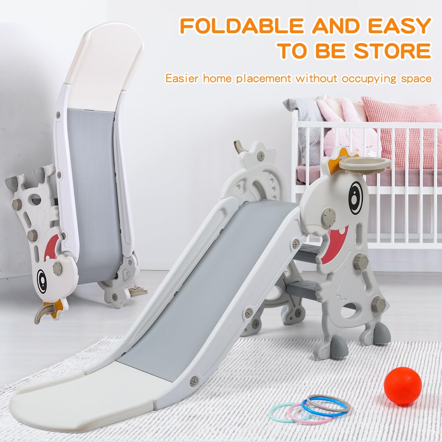 BFAZKXY Indoor Slide for Toddlers 1-3, Foldable Kids Toddler Indoor Slide Playset, Indoor and Outdoor Playground, Toddler Climber Playset with Basketball Hoop and Ring Toss(White)