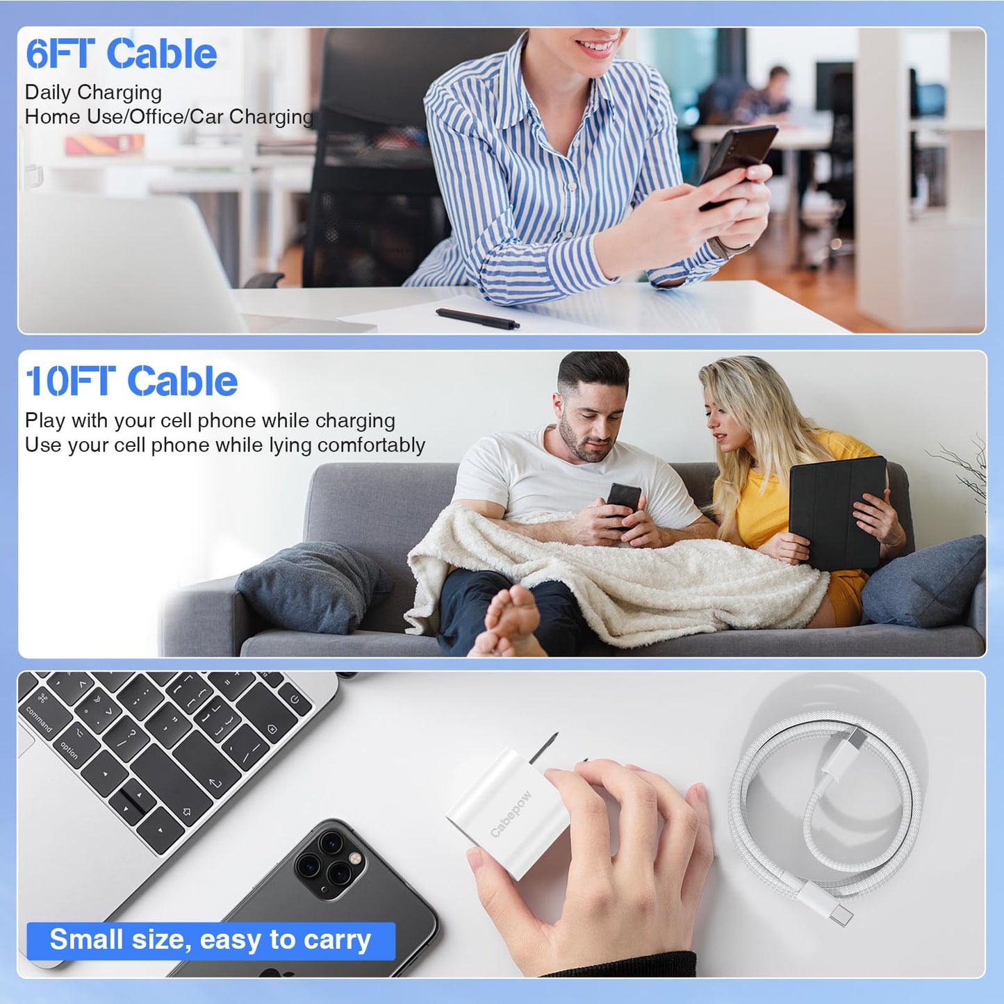 for iPhone15 Pro Max Charger,3-Pack PD 20W USB C Fast Charger Block with 10/6/6ft Long USB C to USB C Cable Fast Charging for Apple iPhone 15,15 Pro Max,15 Plus,Samsung Galaxy S24 Ultra