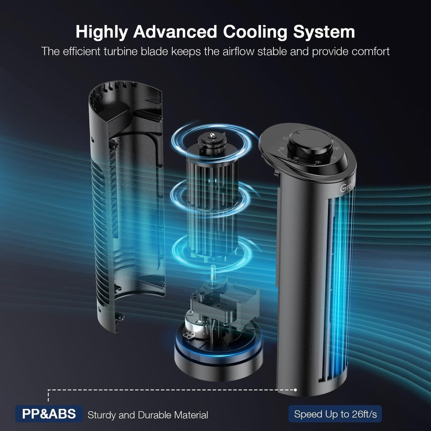 Grelife 13'' Bladeless Tower Fan with Control Panel