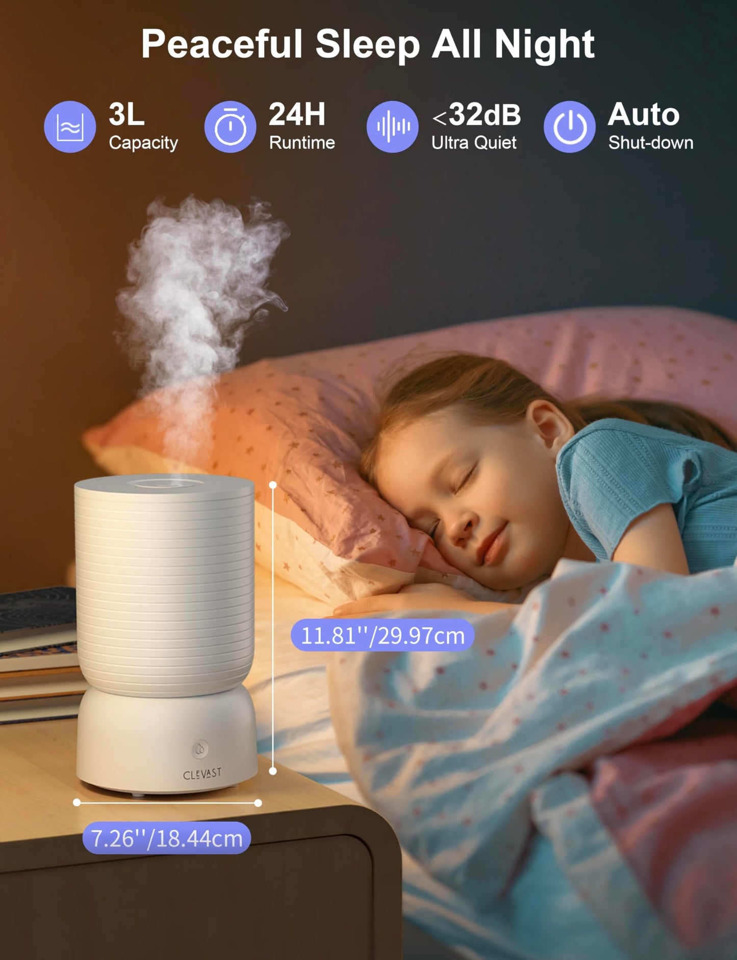 CLEVAST Ultrasonic Cool Mist Humidifier with Diffuser