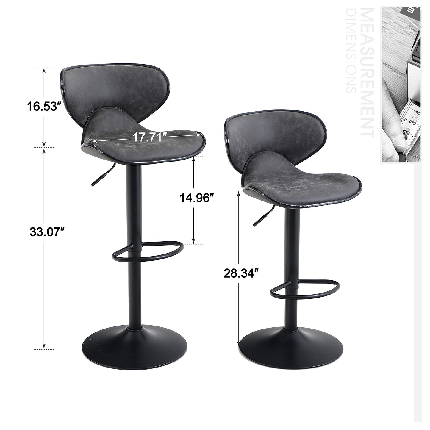 ALPHA HOME Bar Stools Modern Counter Height Bar Stools, PU Leather Adjustable Swivel Barstools, Armless Kitchen Counter Stools Dining Chairs Set of 2 (Grey)