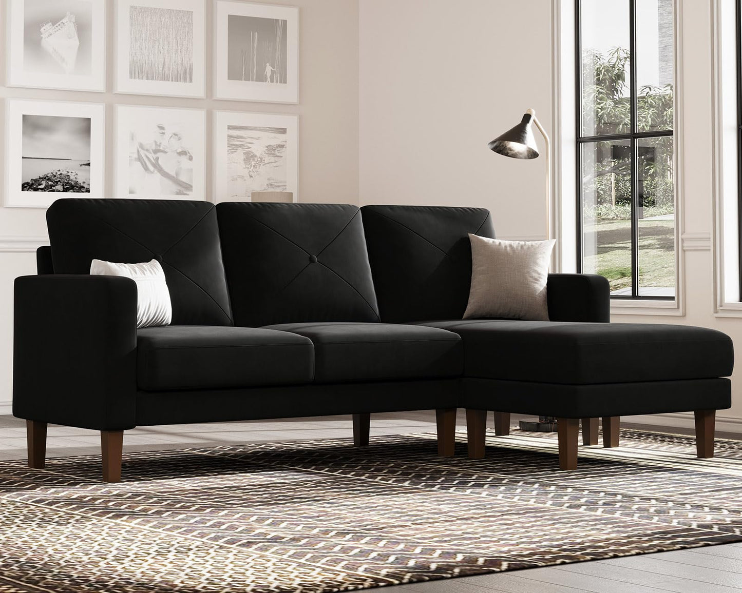 Belffin Velvet Convertible Sectional Sofa with Chaise Small L Shaped Couch with Reversible Chaise 3-Seater Sofa Sectional Set for Small Space Black