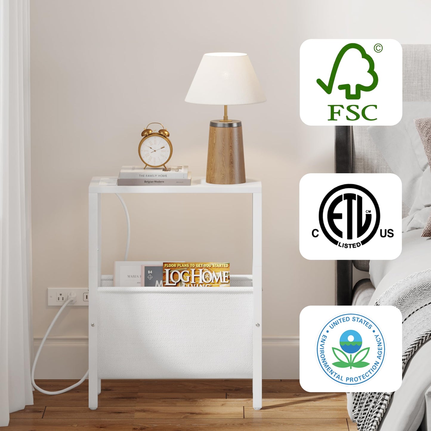 Narrow Side Table with USB Ports & Storage