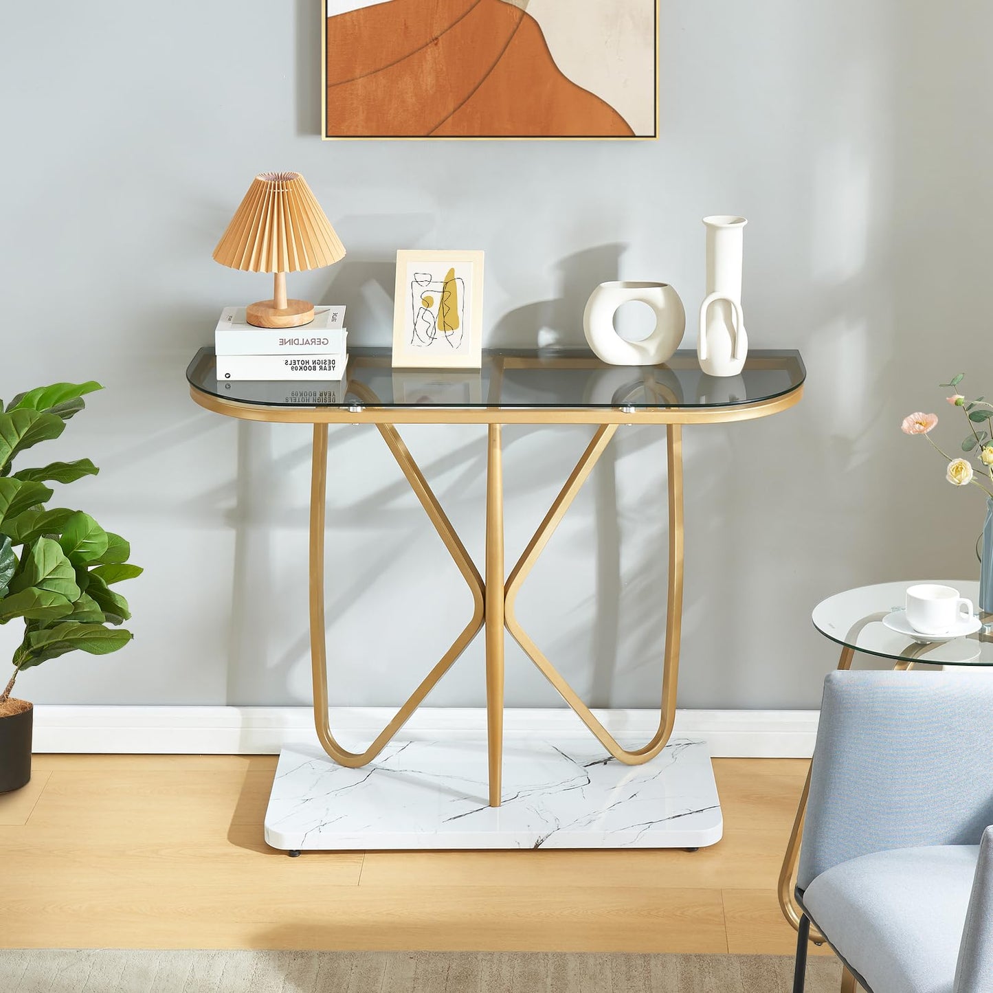 HOMISSUE Console Table, Modern Console Table with Tempered Glass Top and Metal Frame, Glass Entryway Table with Marbled MDF Base, Console Table for Entryway, Hallway, Living Room (Gold&Grey Glass)