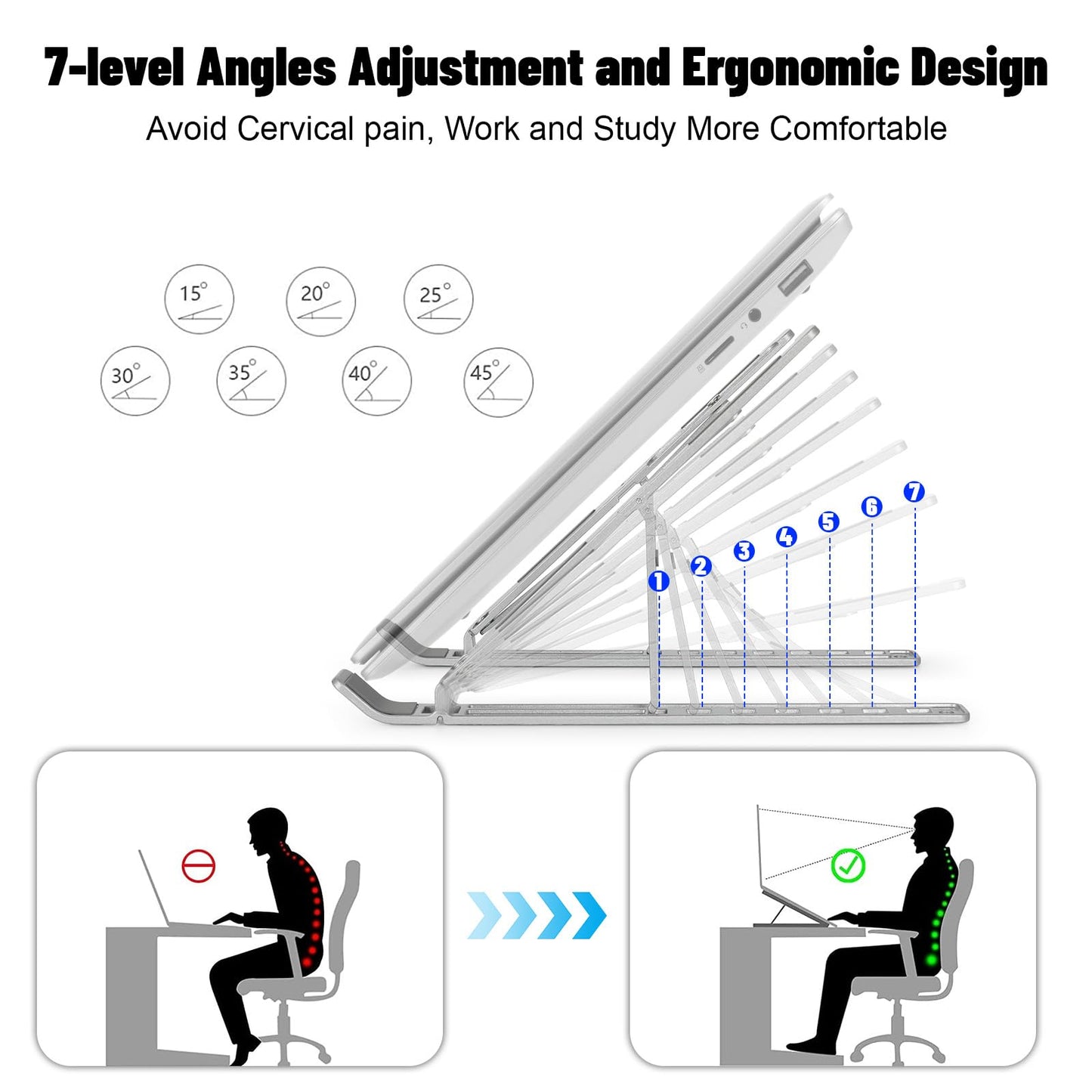 Laptop Stand, 7 Angles Adjustable Laptop Holder Riser Computer Tablet Stand, Aluminum Ergonomic Foldable Portable Desktop Holder, Ventilated Cooling Notebook Stand for 10-18”Laptops Tablet, Silver