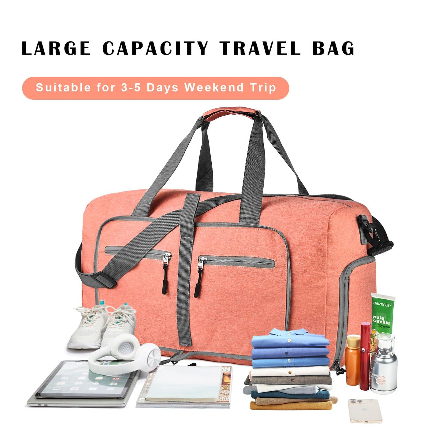 65L Travel Duffle Bag with Shoe Compartment