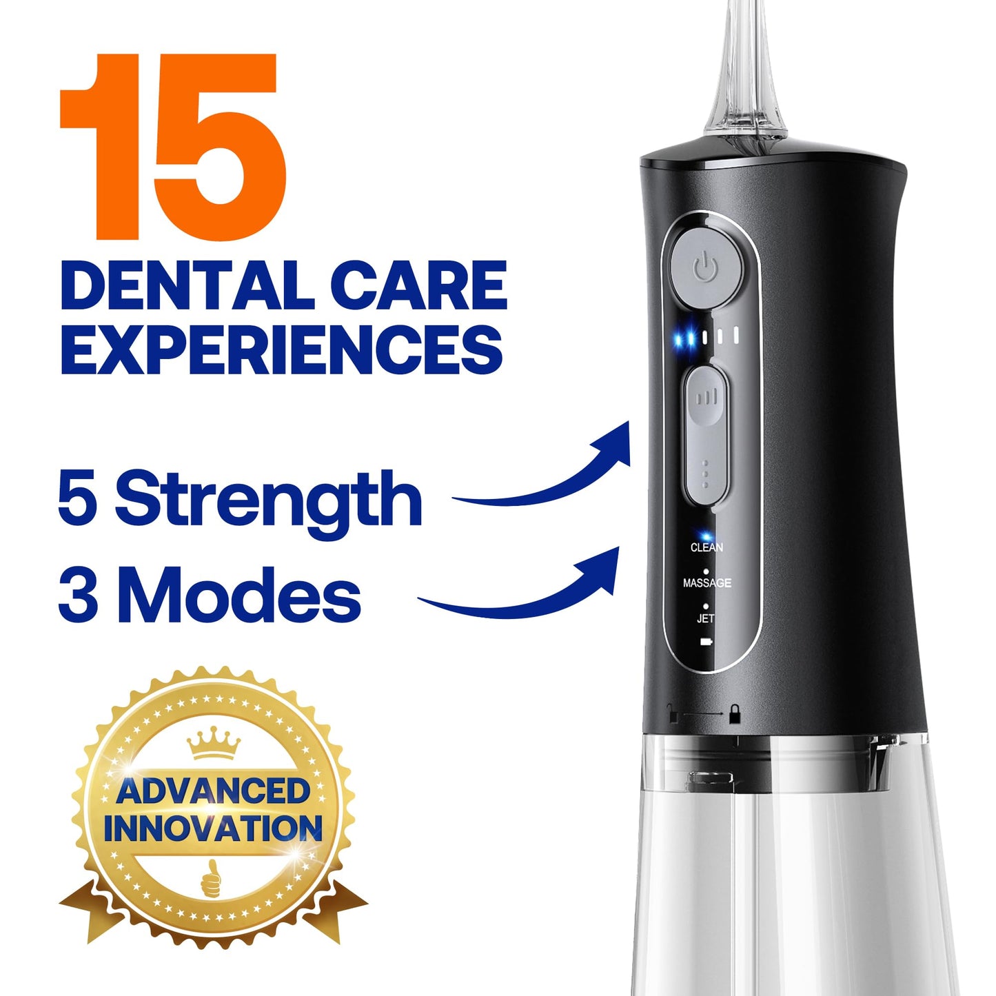 Bitvae C5 Water Dental Flosser for Teeth, Cordless Water Teeth Cleaner Picks, 3 Modes 5 Intensities, IPX7 Waterproof Water Flosser, 5 Tips Rechargeable Water Dental Picks for Cleaning - Black