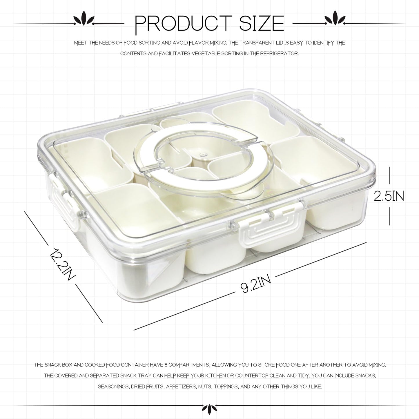 POUYRBA Divided Serving Tray with Lid,Snackle Box Portable Fruit Platters Charcuterie Container with 8 Compartments for Snack, Fruit, Veggie, Candies Party