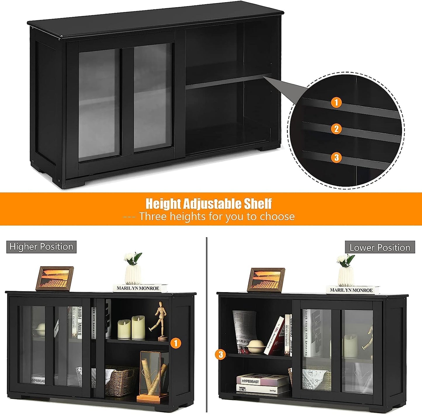 Byroce Sideboard Buffet Cabinet, Stackable Storage Coffee Bar Cabinet with Adjustable Shelf & Glass Sliding Doors, Wood Cupboard Credenza Console Table for Kitchen Dining Living Room (1, Black)