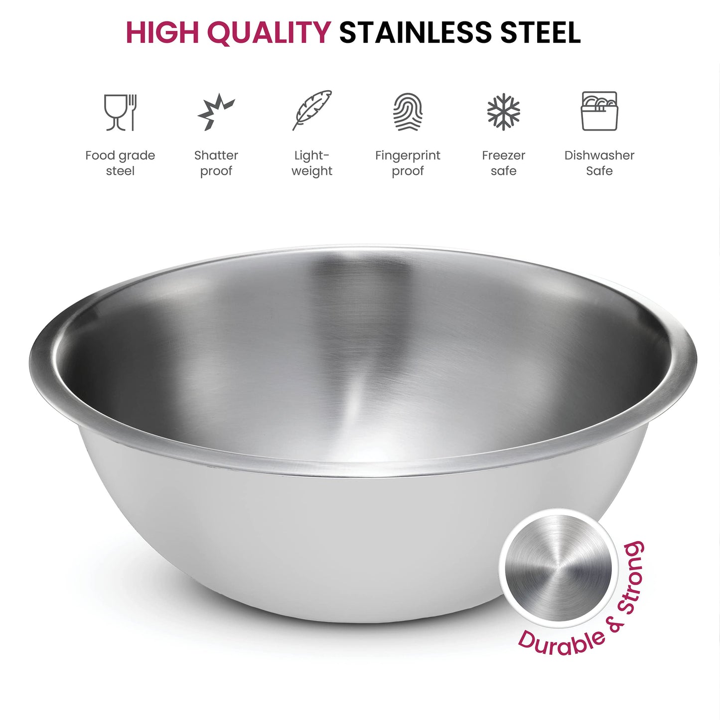 FineDine Stainless Steel Dishware Bowls - Easy To Clean, Nesting Bowls for Space Saving Storage, Great for Cooking, Baking, Prepping, 8 Quarts