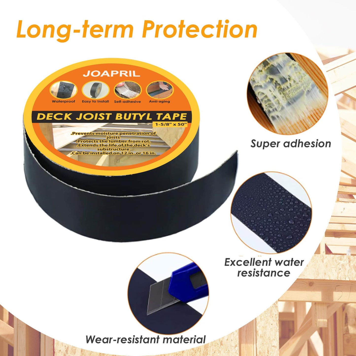JOAPRIL Joist Tape 2" x 50', 4 Pack Butyl Joist Tape for decking, Deck Joist Tape for Top of Joists, Rim Joists, Under Joists and Beams