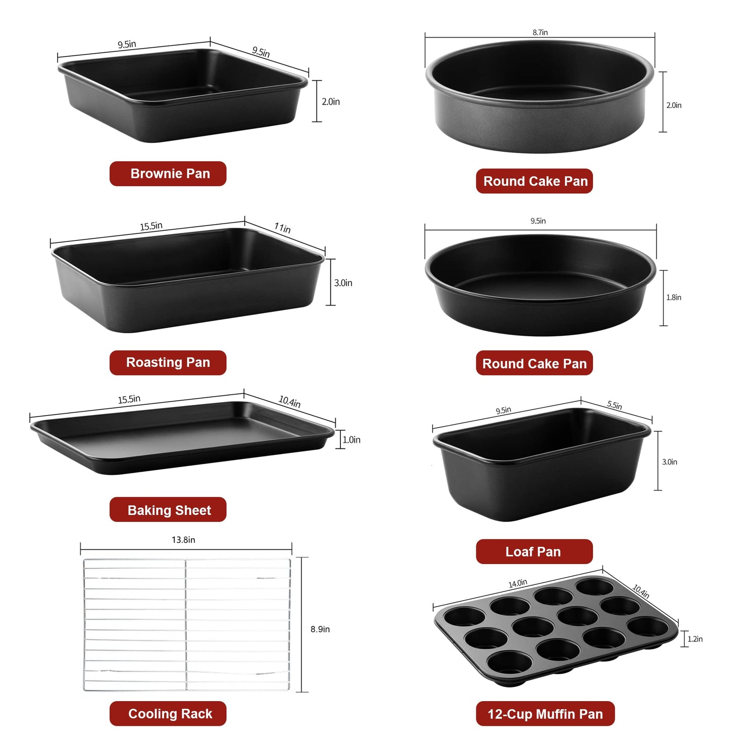 S·KITCHN Bakeware Set, Nonstick Baking Set, Including Loaf Pan, 2 Pieces Pie Pan, Roasting Pan Baking Sheet with Rack 12-Cup Muffin Pan and Brownie Pan - 8 Piece