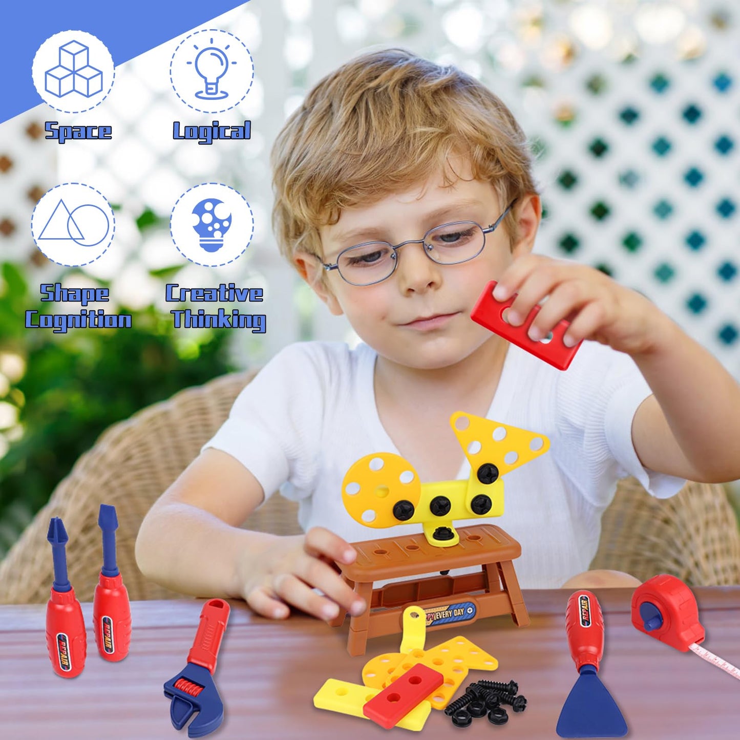 Magic4U Kids Tool Set, 49PCS Toddler Tool Set with Electronic Toy Drill,Tape Measure 12 Tool Equipements,Pretend Play Construction Coustume with Safety Vest Hat,Toy Tool Box for Kids Boy Girl Age 3-8
