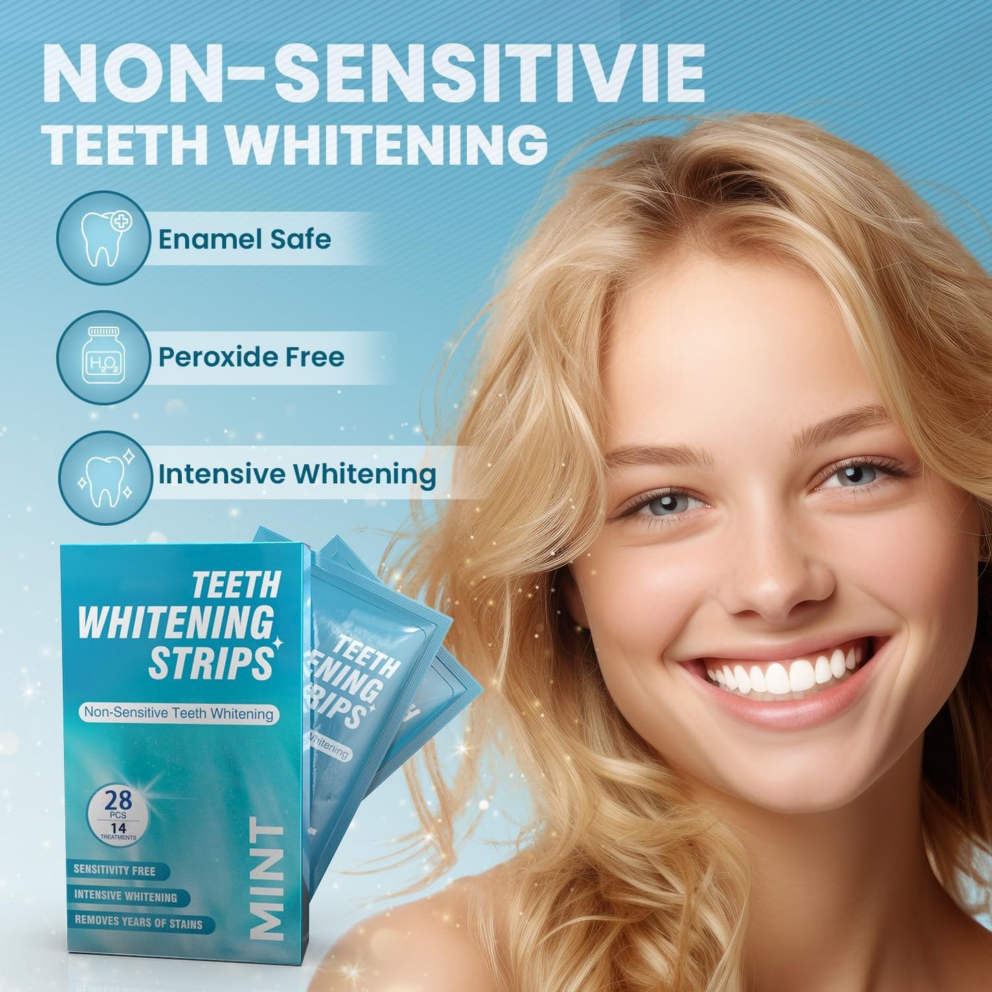 Teeth Whitening Strips for Sensitive Teeth - 28 Strips Enamel Safe Non-Slip Dry Strip Technology for Whiter Teeth, 30 Minutes Fast Results, Non-Sensitive, 14 Treatments, Mint