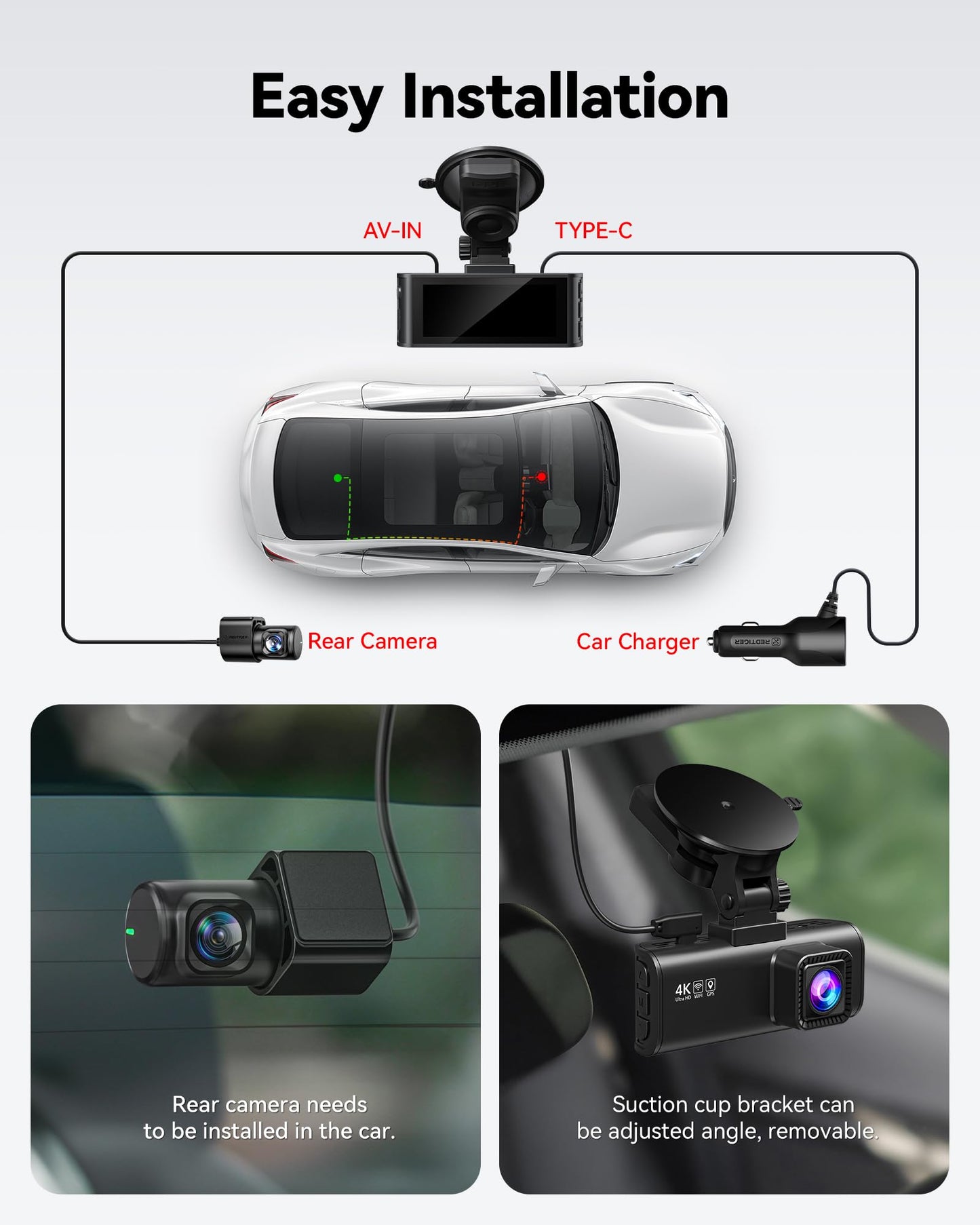 4K Dash Cam Front Rear with Wi-Fi & GPS