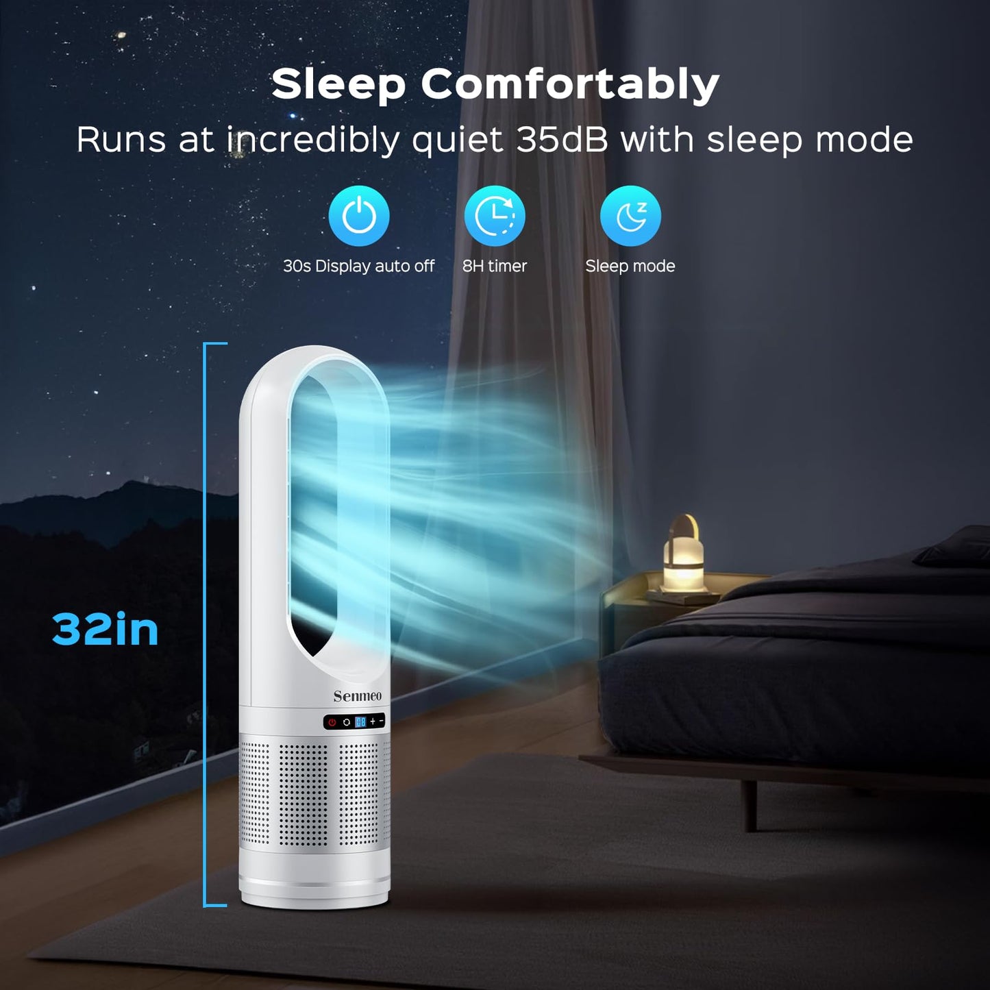 Bladeless Fan for Bedroom, 32" Quiet Tower Fan with Remote, 90ยฐ Oscillating Fan for Indoors with 8 Speeds, 9 Hour Timer, LED Display, Easy to Clean, Portable Standing Fan for Home, Office