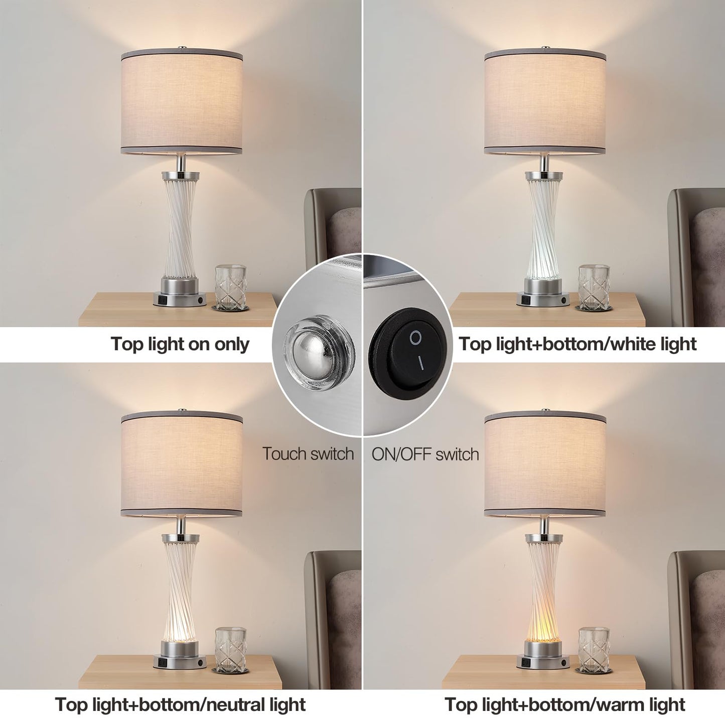 bdayanx 3-Way Dimmable Table Lamp Set of 2,Touch Control Lamp with Night Light,Modern Crystal Table Lamps for Bedroom,Living Room,Bedside Lamps with USB A+C Ports,Fabric Lampshade(Blubs Included)