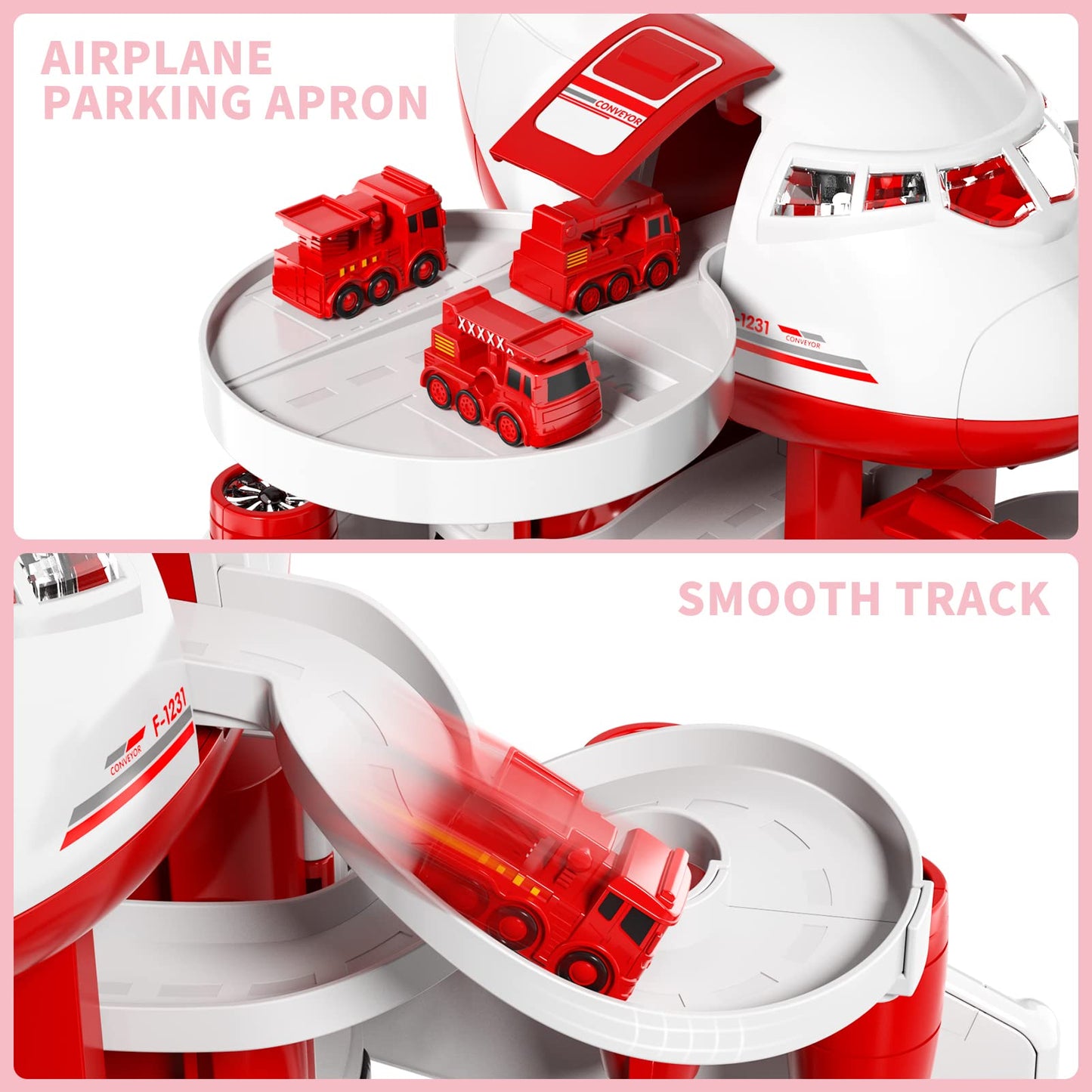 iHaHa Firetruck Garage Parking Lot Playset Toy Airplane with 14 Road Signs 4 Inertial Cars 1 Map