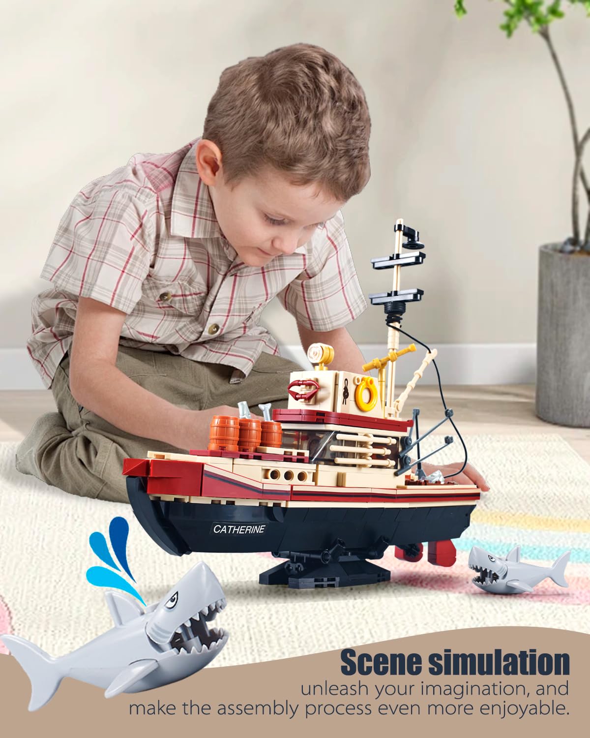 582 Piece Fishing Boat Building Blocks Set with Shark Model