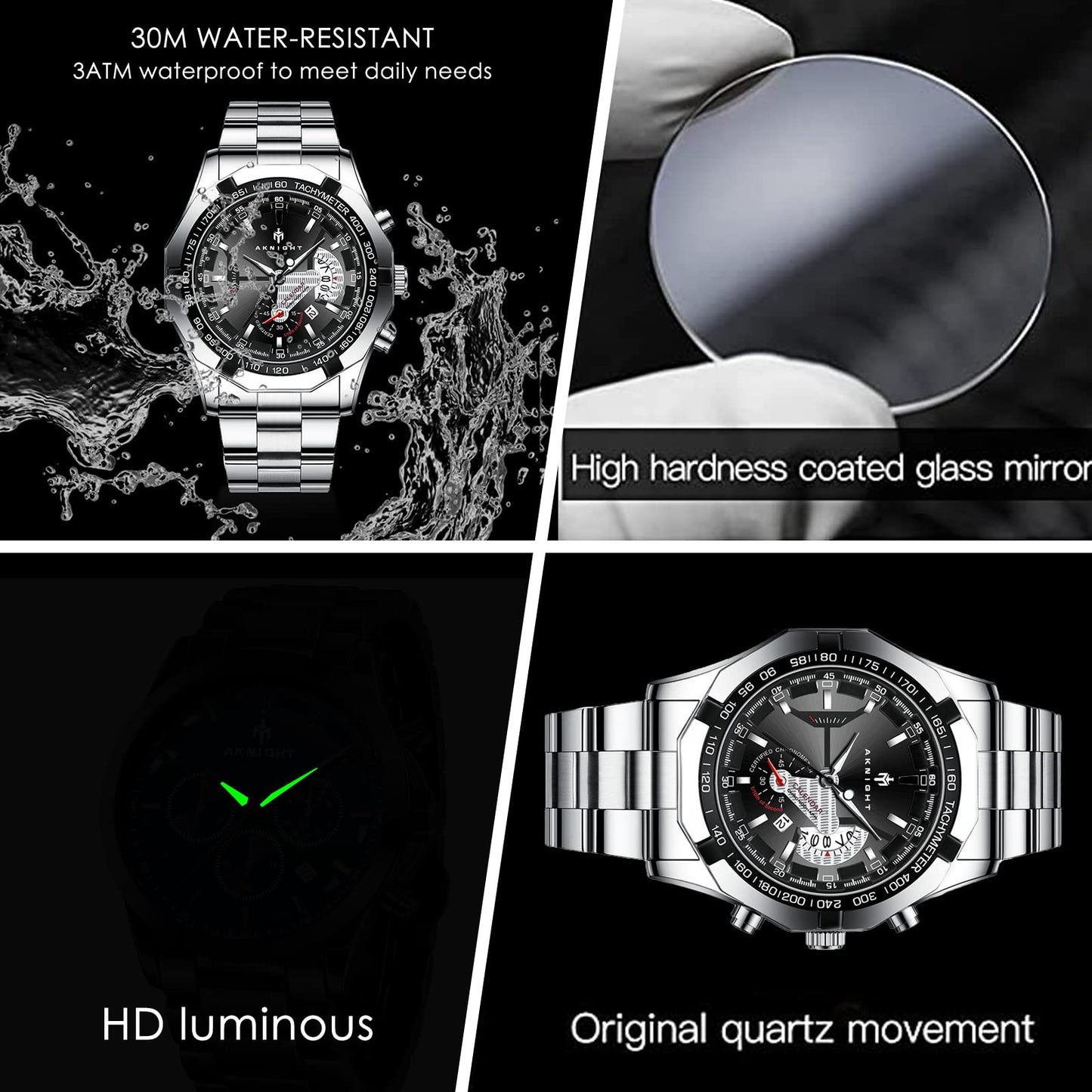 BY BENYAR AKNIGHT Watches for Men Quartz Movement Watch,Waterproof Luminous Men's Watch, Stainless Steel Strap Business Watches