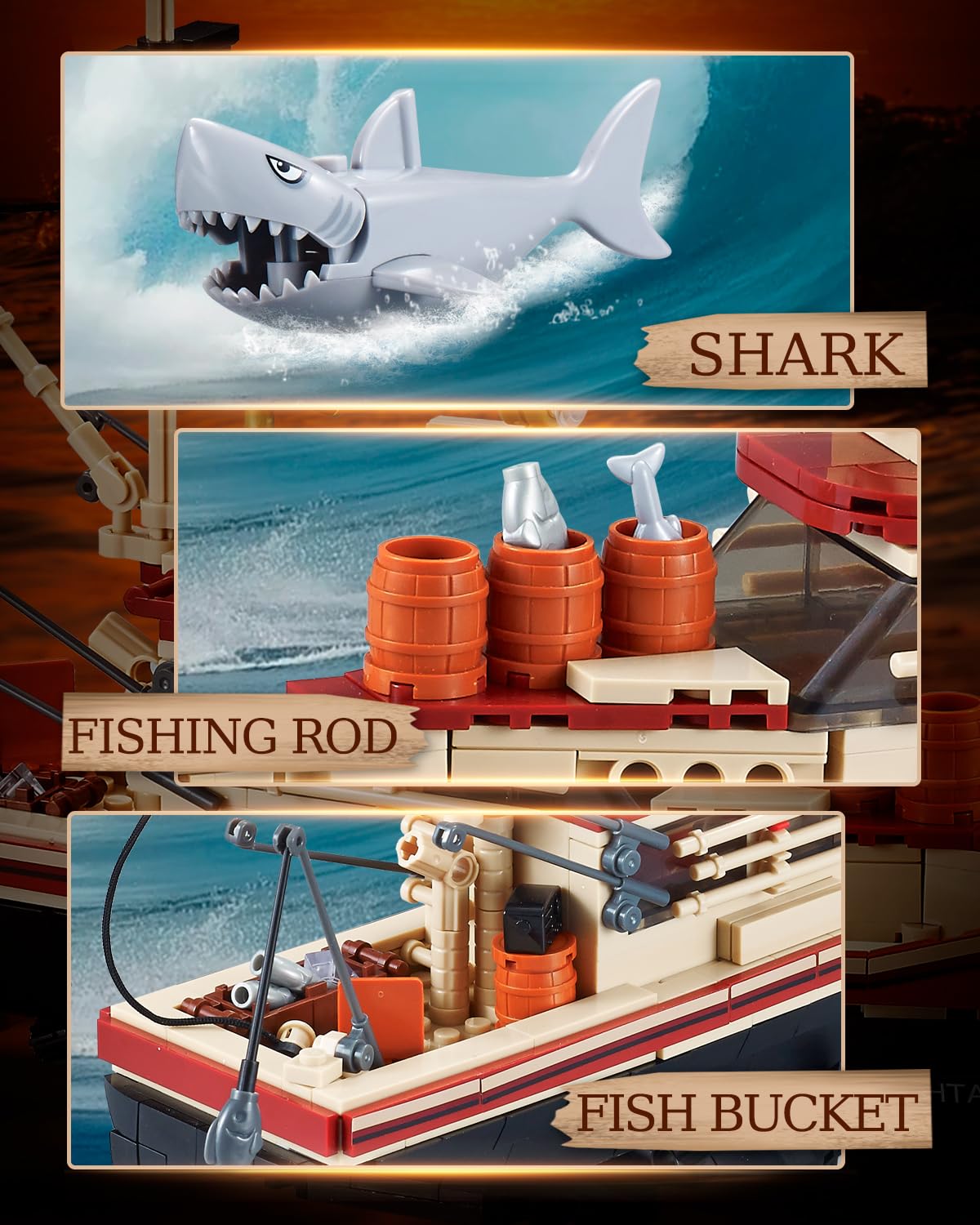 582 Piece Fishing Boat Building Blocks Set with Shark Model
