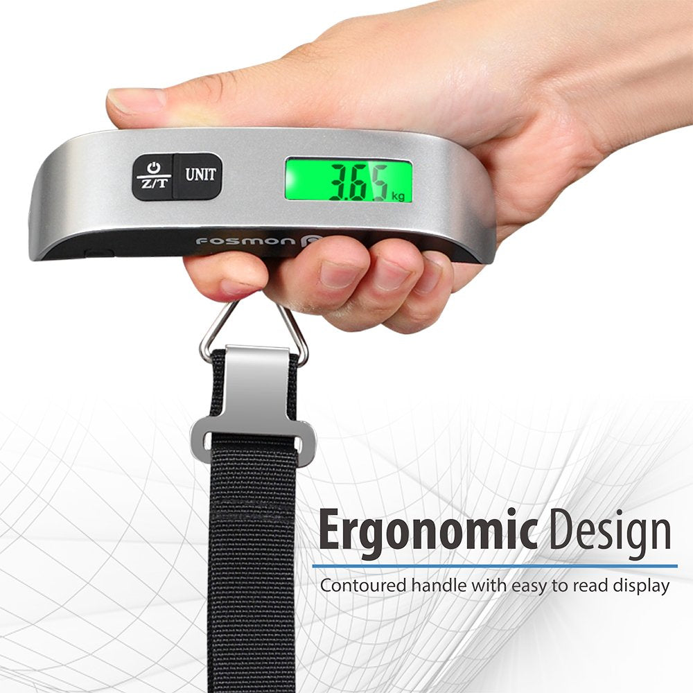 Fosmon Digital Luggage Scale (2 Pack), LCD Display Backlight Temperature Baggage Scale w/ 110lbs Capacity, Portable Stainless Steel Hanging Luggage Weight Scale w/ Tare Function for Travelers - Silver