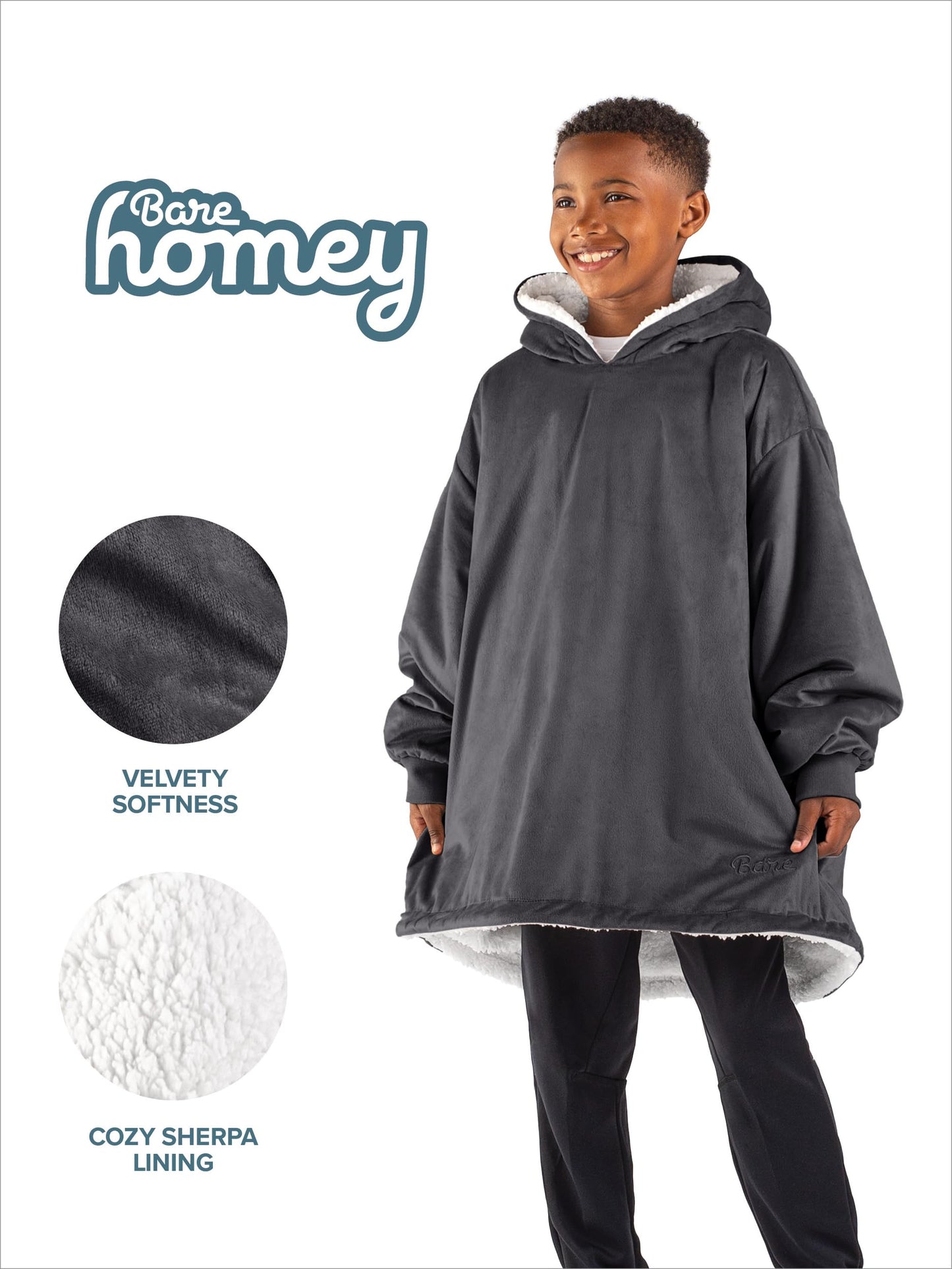 Bare Home Kids Wearable Fleece Blanket Hoodie