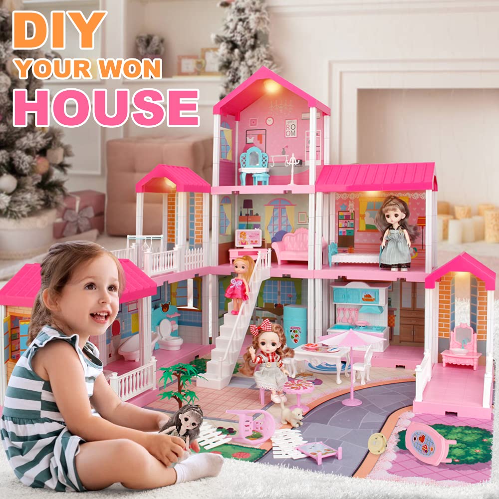 Dollhouse Building Toy Set with 5 Lights,3 Dolls& 2 Pets Princess Doll House and Furniture,Accessories,Stairway,Best STEM Pretend Play Toys for Girls Toddlers 27.7" Tall (9 Rooms)
