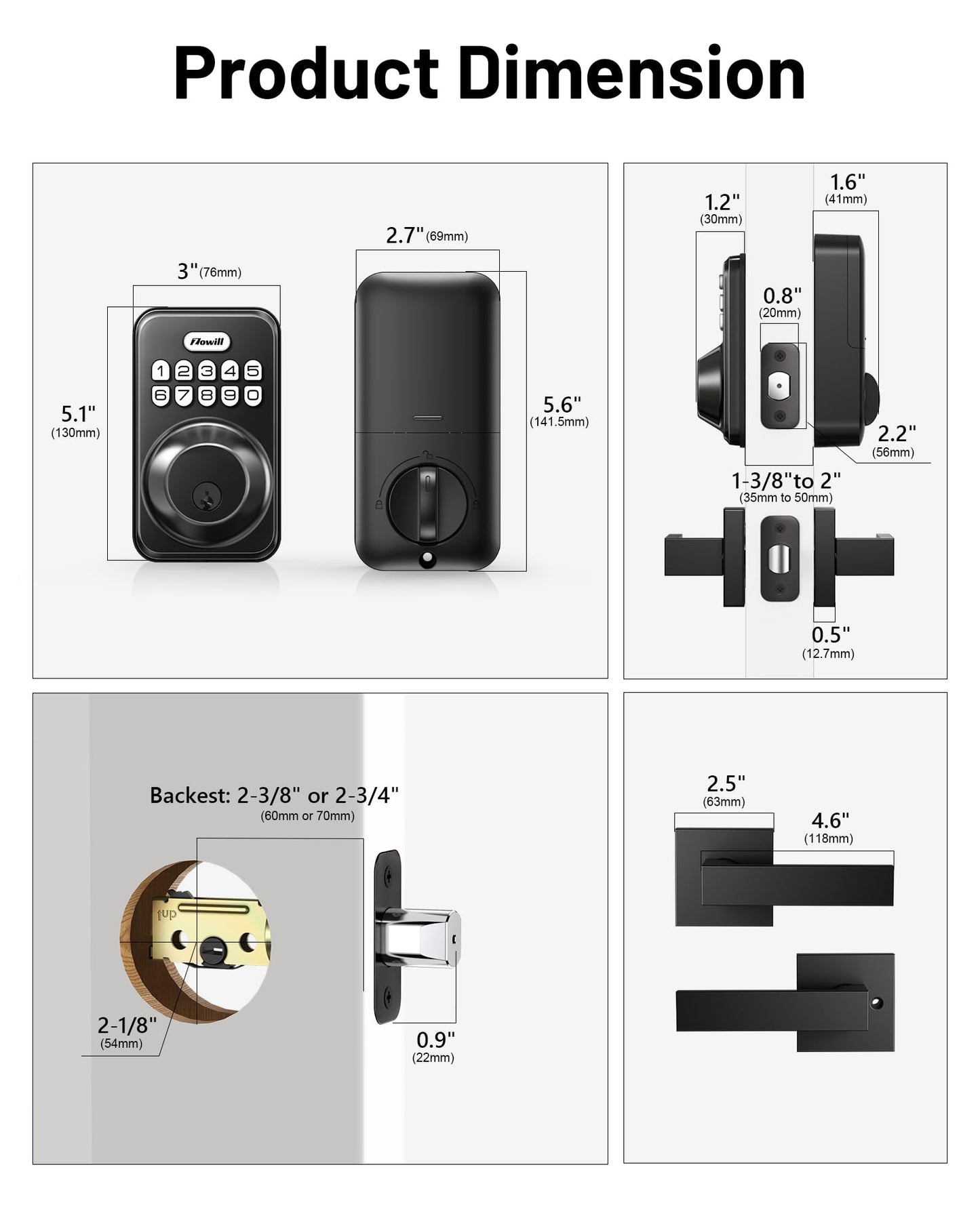Keyless Entry Door Lock with 2 Lever Handles, Zowill Electronic Keypad Deadbolt, Auto-Locking, Anti-Peeping Password, Digital Smart Code Door Lock, Front Door Handle Sets, Matte Black