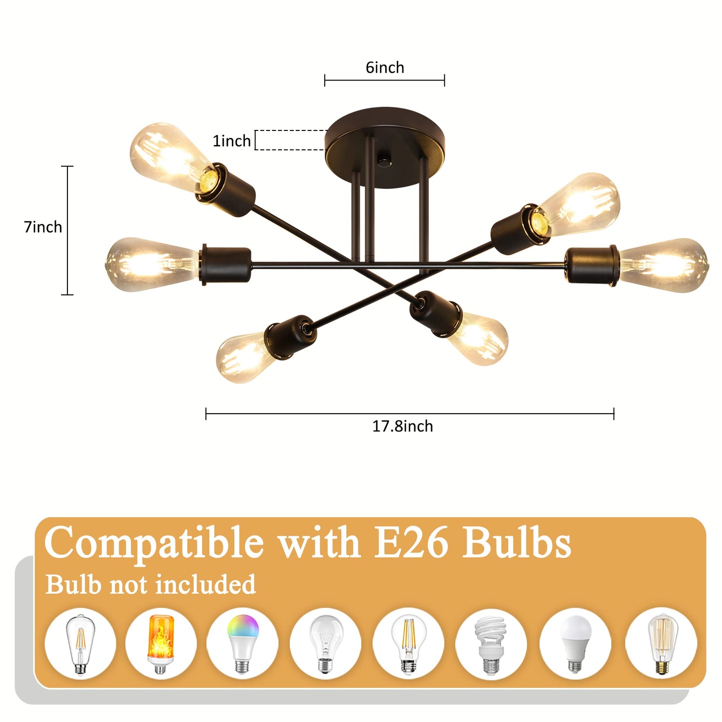 Hurrah Sputnik Light Fixture Black - 6 Lights Flush Mount Ceiling Light Fixture Industrial Chandeliers Modern for Kitchen Dining Room Living Room Bedroom Laundry E26