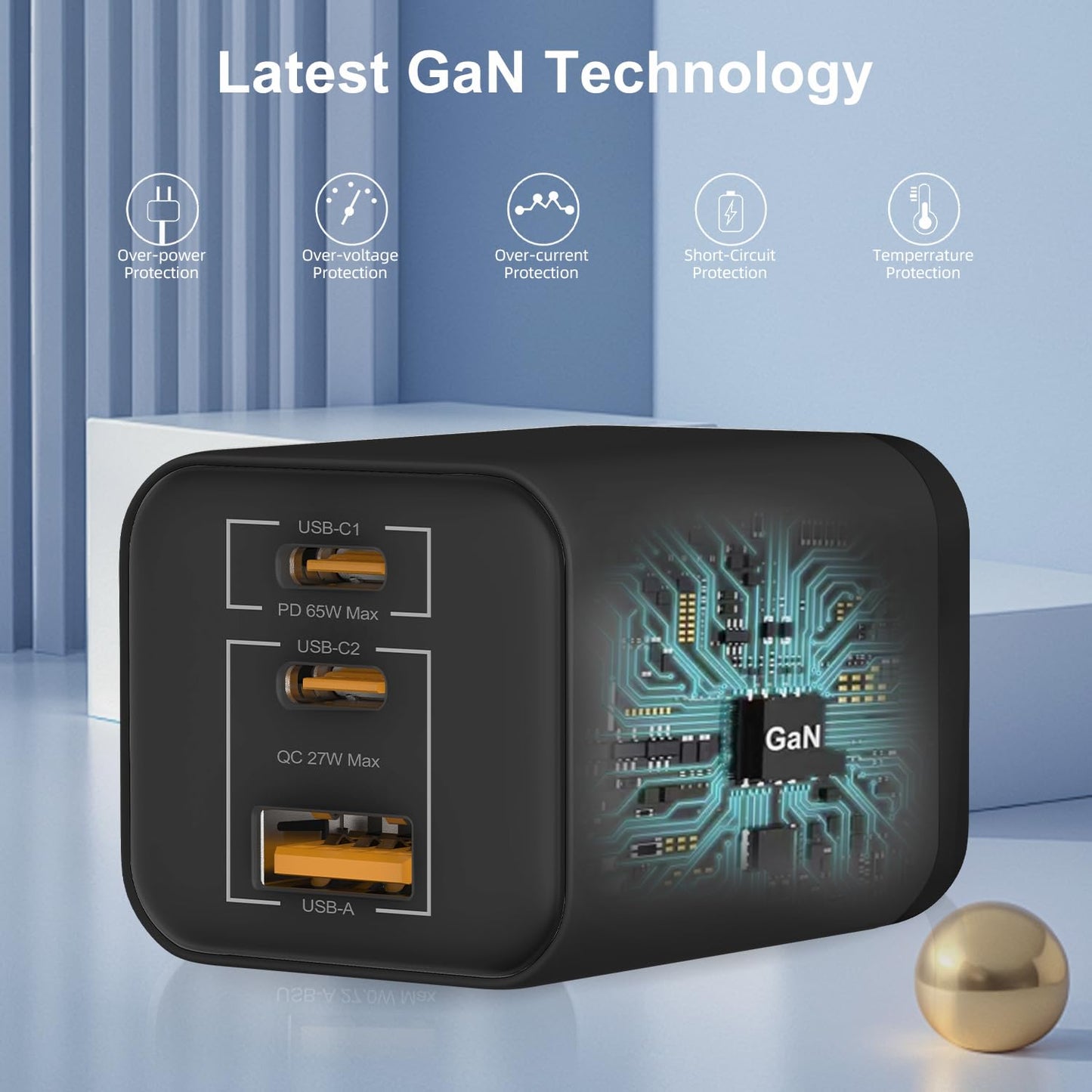 65W RUIDUN GaN USB C Charger, Travel-Friendly