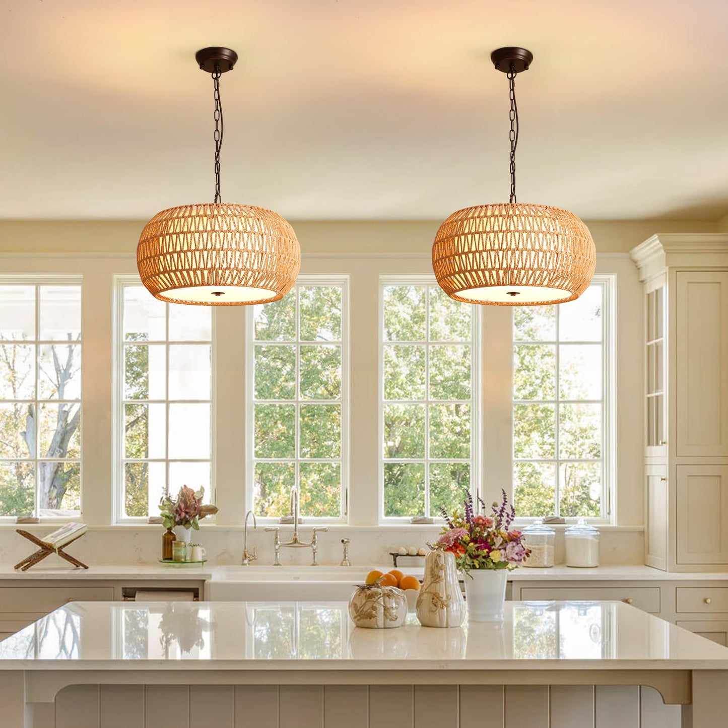 7PMBEANE Rattan Chandeliers for Dining Room, 5-Lights Woven Wicker Boho Chandelier Light Fixture with Fabric Shade,Rustic Pendant Light for Kitchen Island Bedroom Living Room
