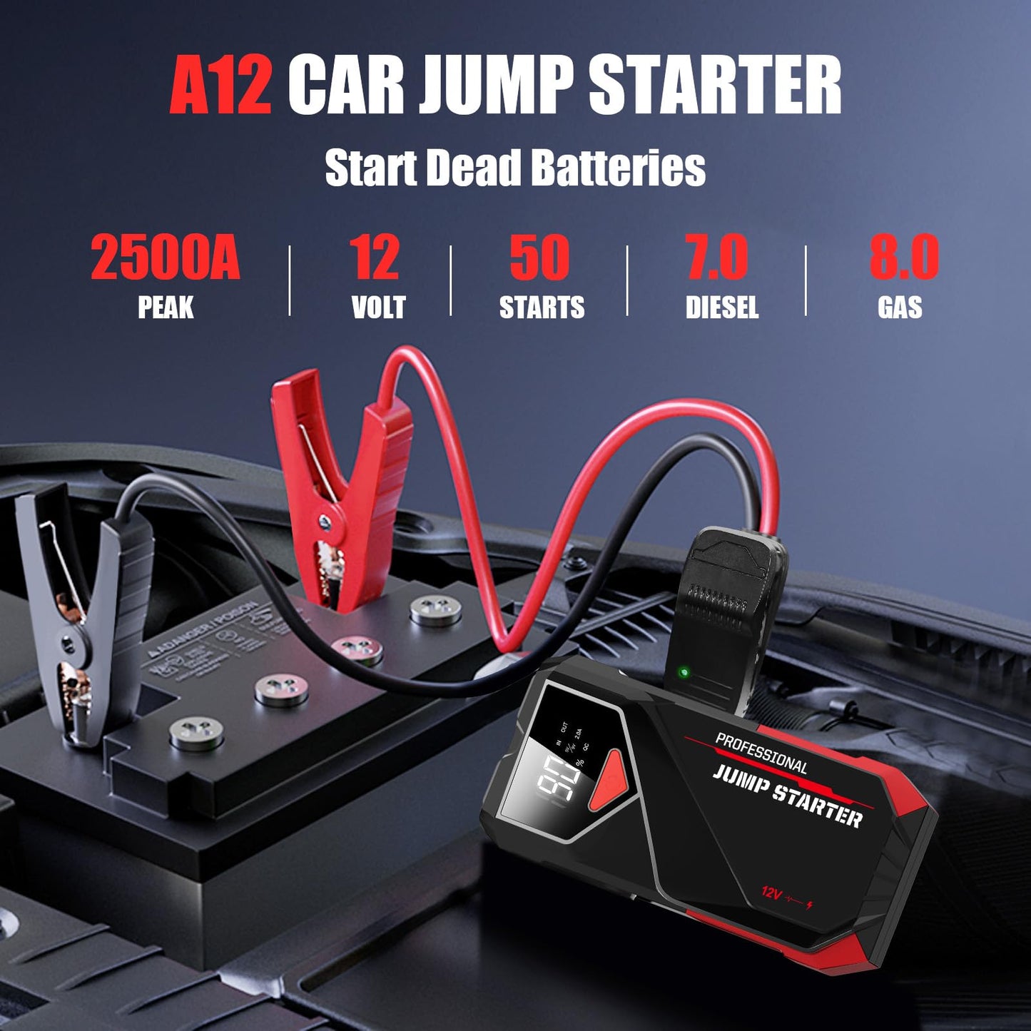 2500A PowQ Car Jump Starter with Flashlight