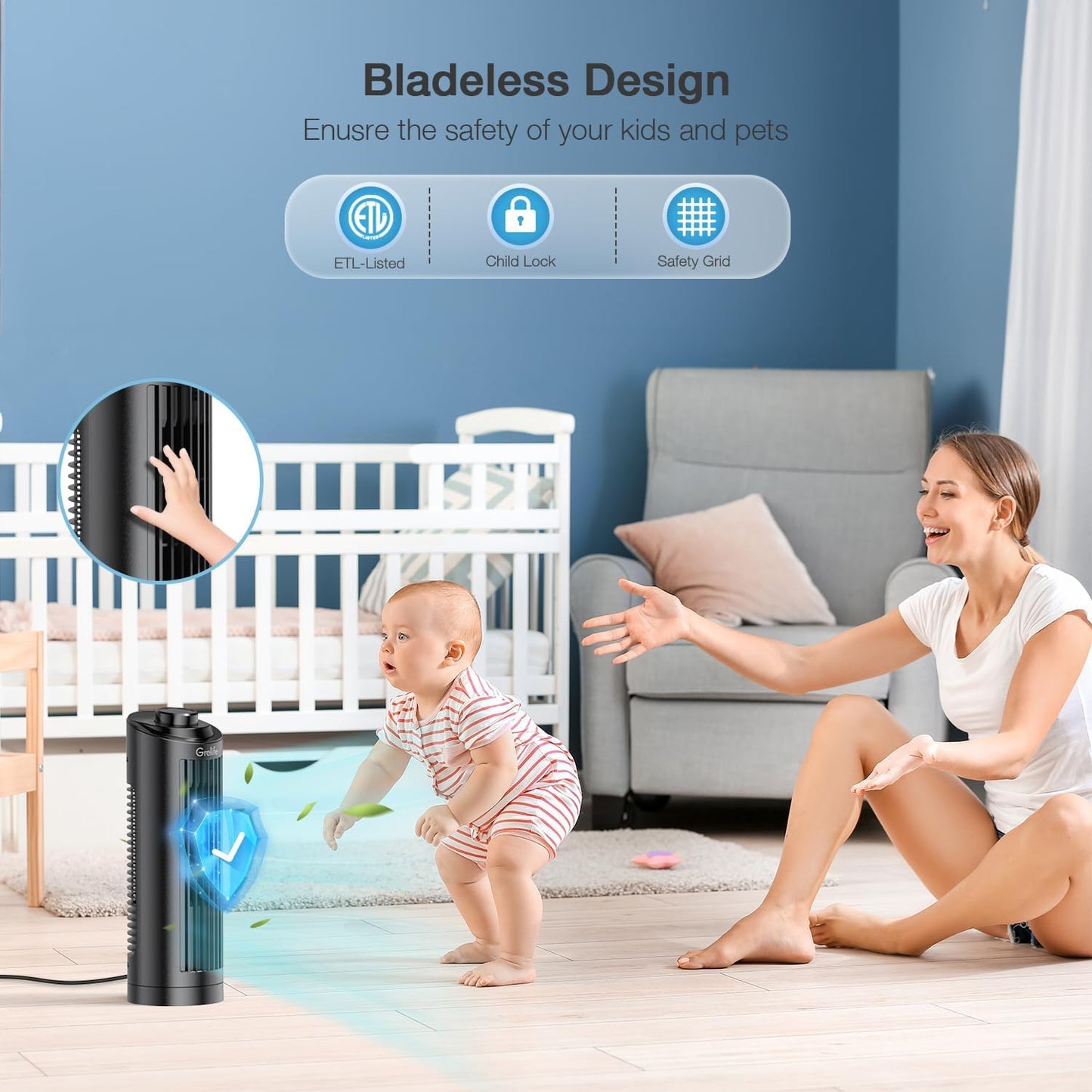 Grelife 13'' Bladeless Tower Fan with Control Panel