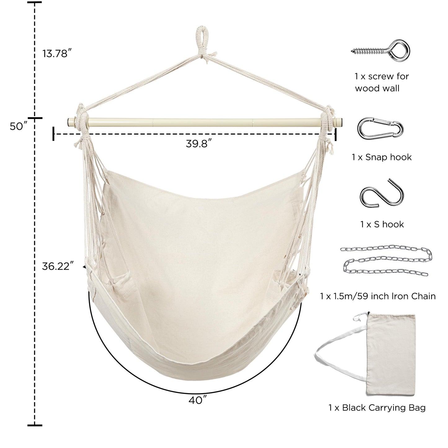 HBlife Hammock Chair Max 350 LBS Hanging Chair with Portable Metal Rod Cotton Rope Hammock Swing for Bedroom, Beige