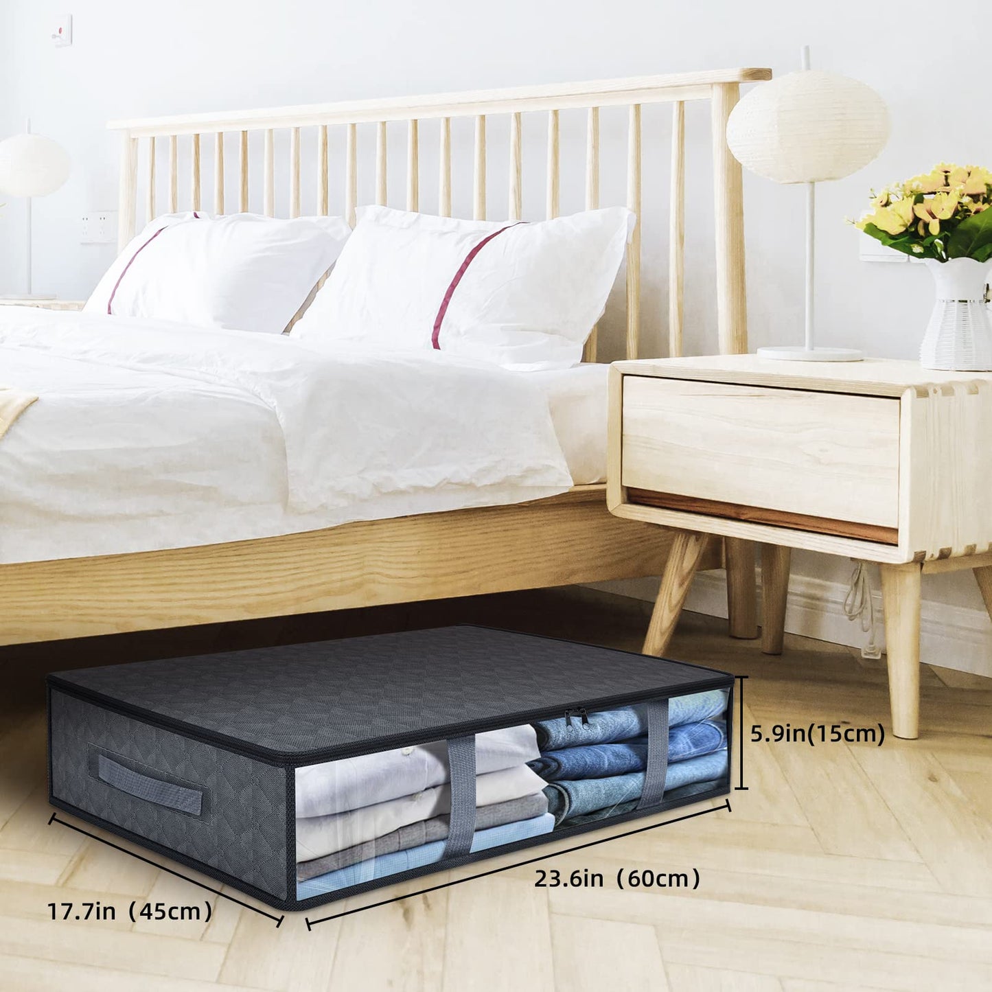 Uidducpu Clothes Storage Bags Under Bed Storage Containers,Foldable Storage bins with Clear Windows and Reinforced Handles,for Clothing, Blanket, Sweaters, Comforter,Toys,Grey, 4-Pack